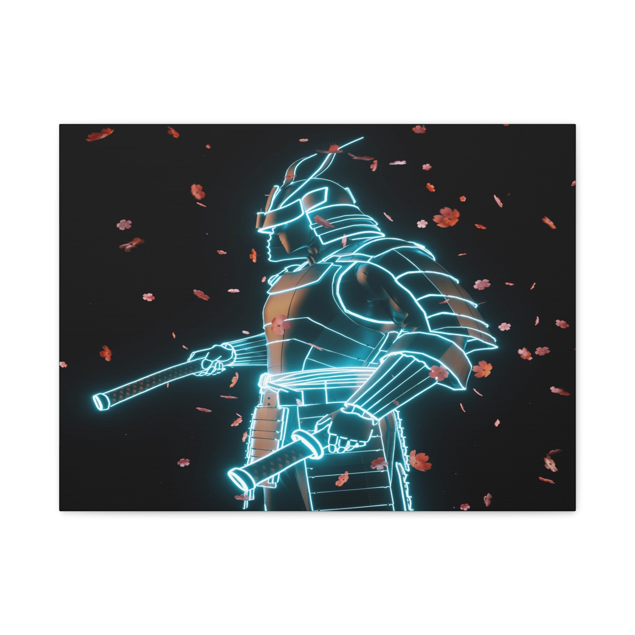 Neon Samurai: Digital Warrior, Cyberpunk Fusion, Glowing Wireframe Armor - L’Art Suprême Canvas