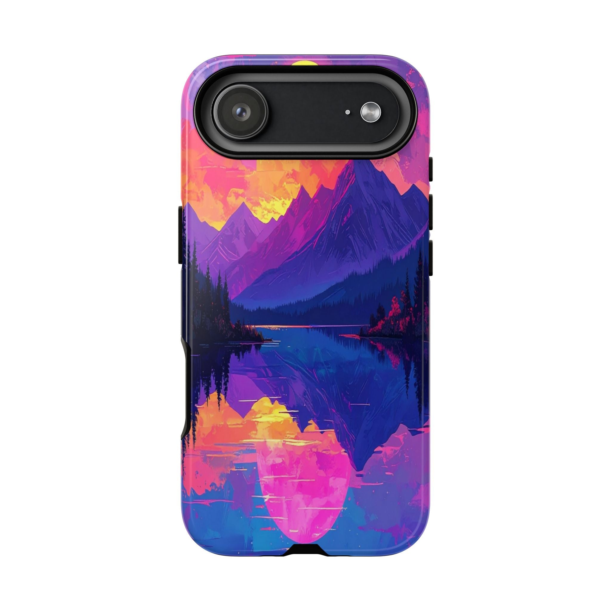 Twilight's Reflective Embrace: Mountain Synthwave Landscape, Digital Sunset Panorama - L’Art Suprême Phone Case