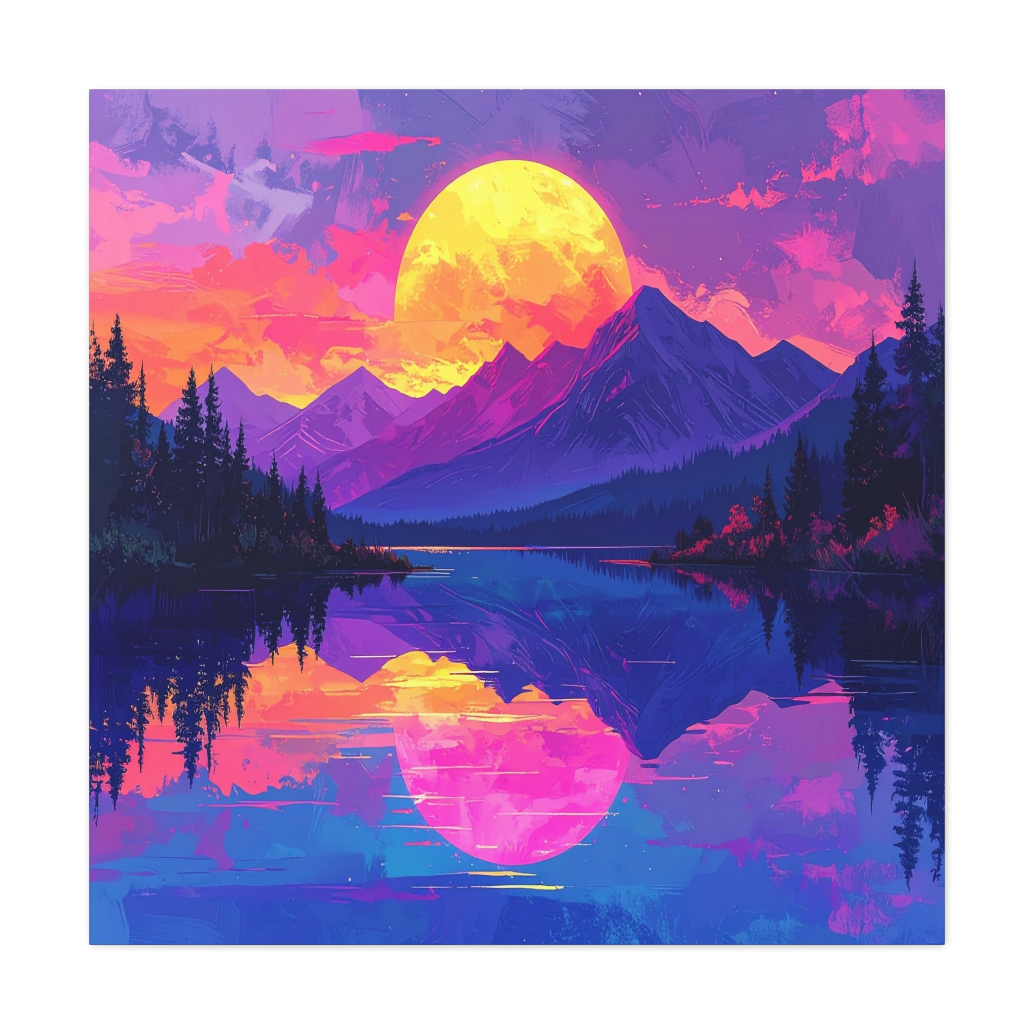 Twilight Symmetry: Neon Mountain Landscape, Vaporwave Digital Art - L’Art Suprême Canvas