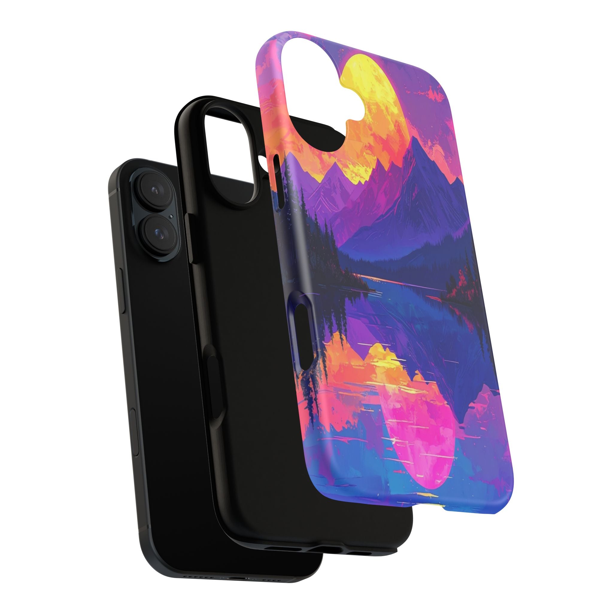 Twilight's Reflective Embrace: Mountain Synthwave Landscape, Digital Sunset Panorama - L’Art Suprême Phone Case