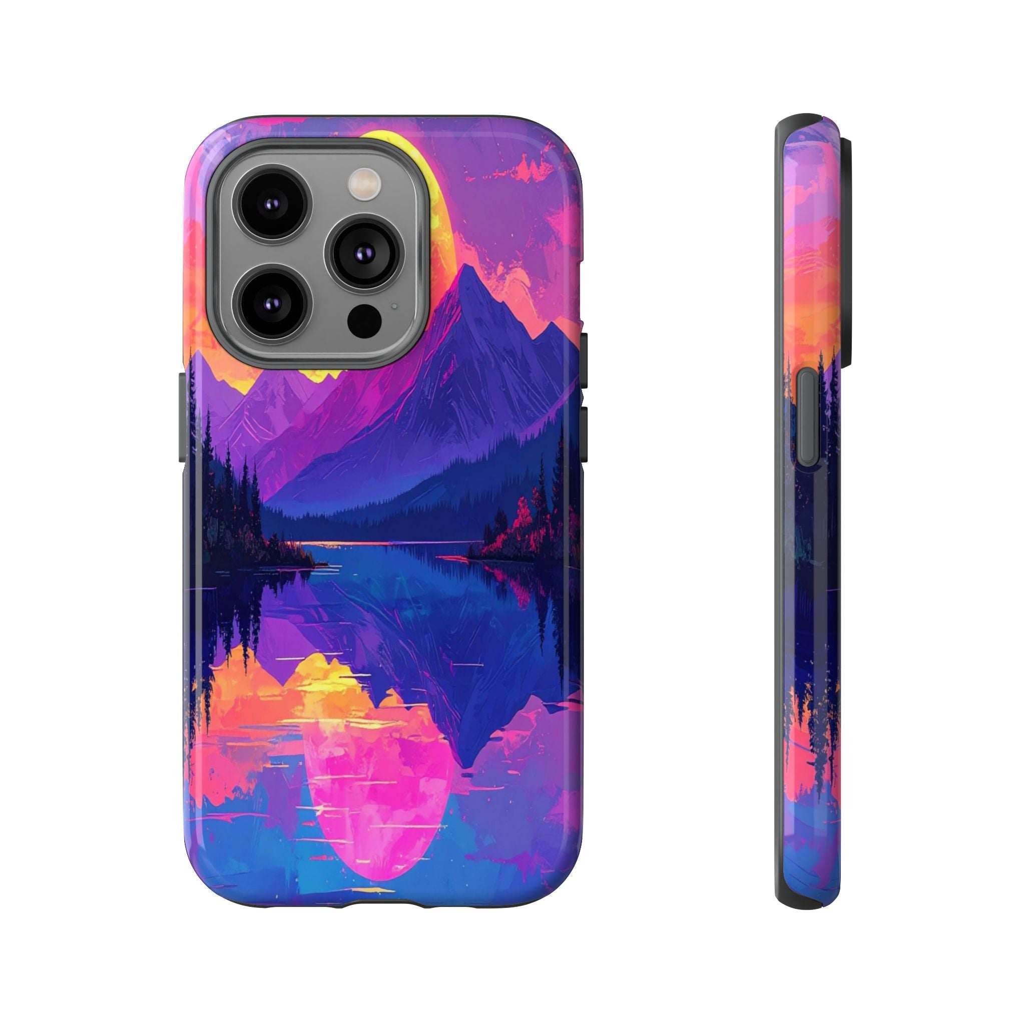 Twilight's Reflective Embrace: Mountain Synthwave Landscape, Digital Sunset Panorama - L’Art Suprême Phone Case