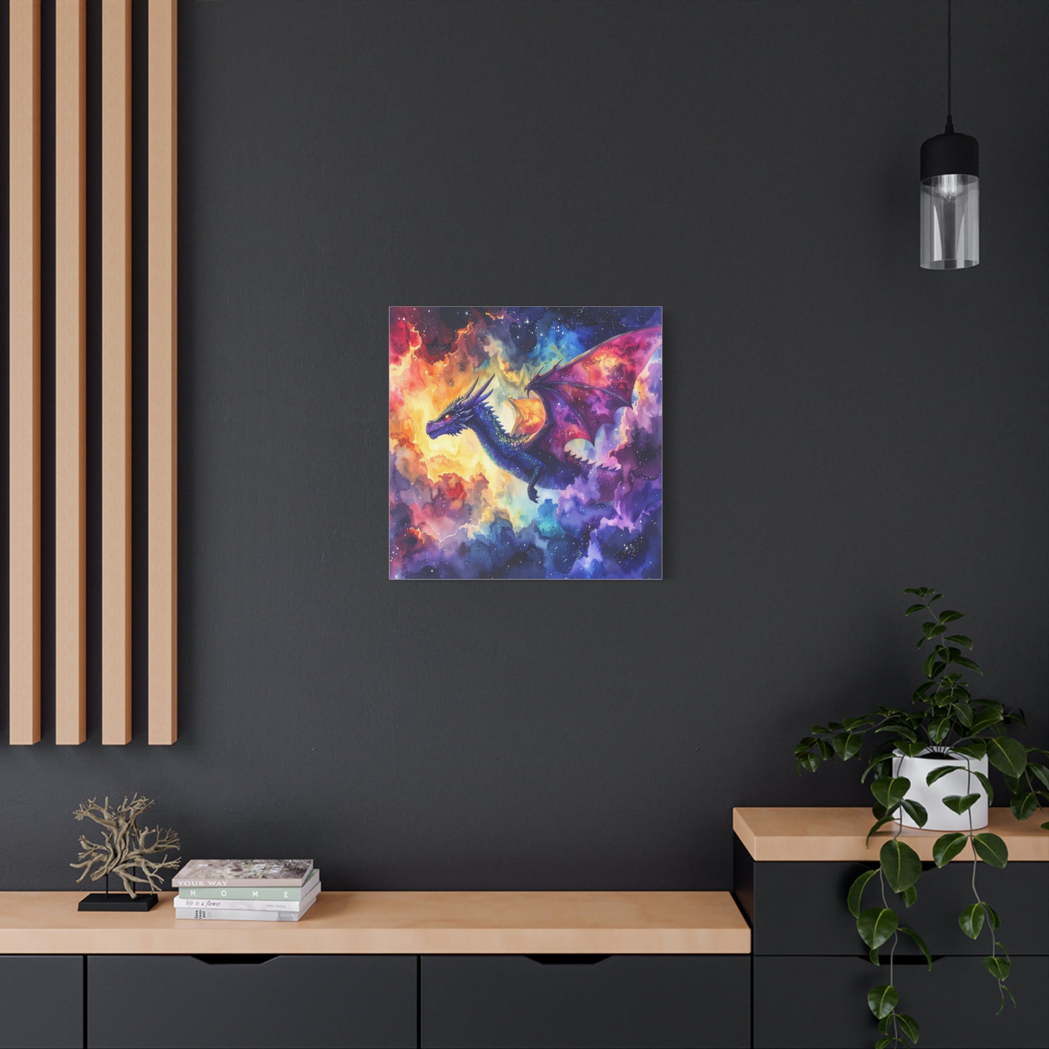 Cosmic Dragons' Ascent: Ethereal Watercolor Fantasy, Celestial Mythical Landscape - L’Art Suprême Canvas