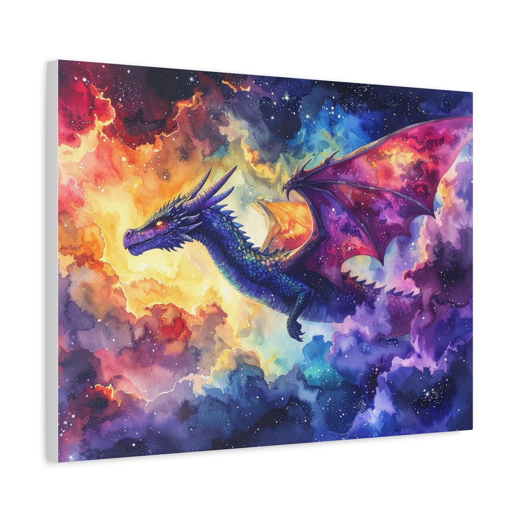 Cosmic Dragons' Ascent: Ethereal Watercolor Fantasy, Celestial Mythical Landscape - L’Art Suprême Canvas