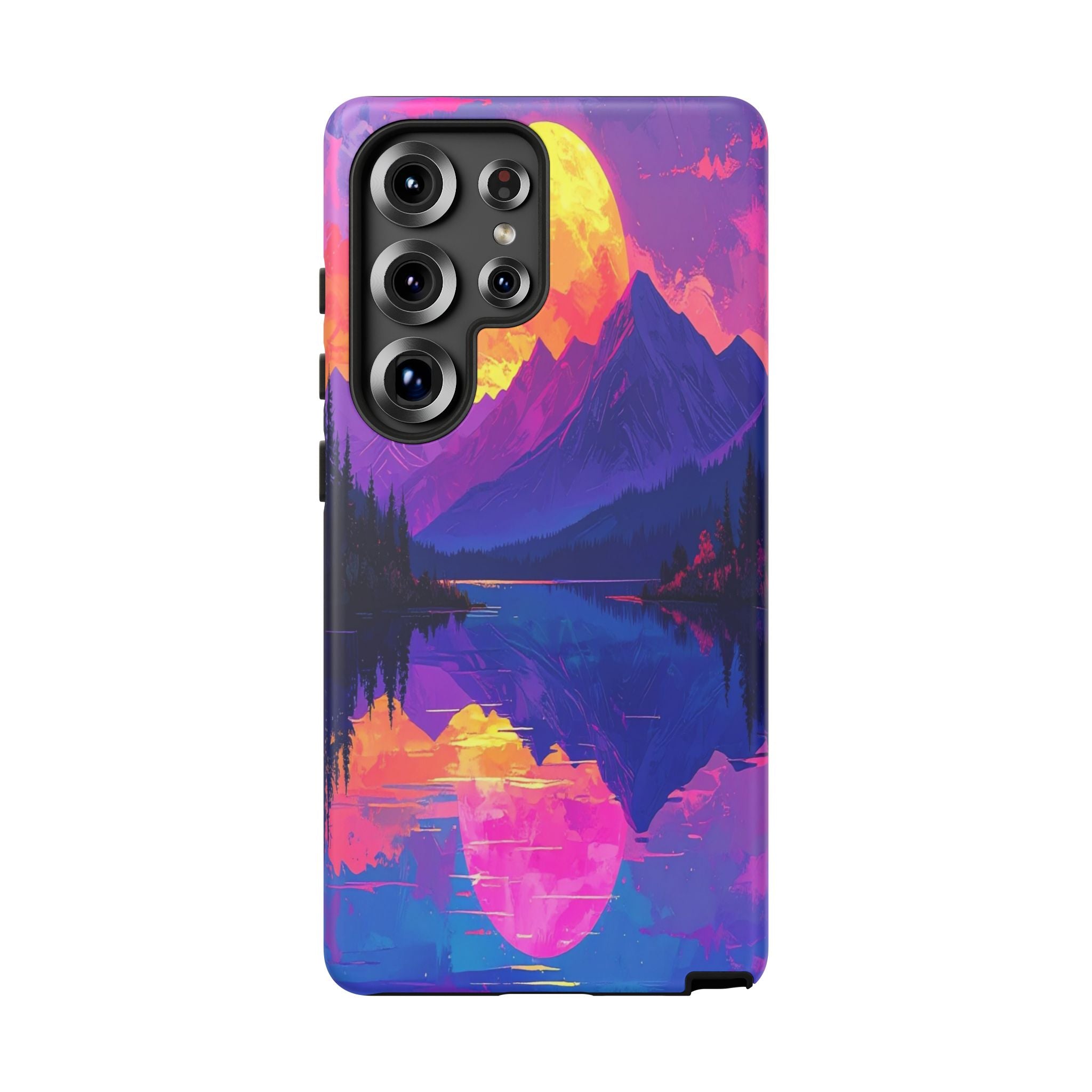 Twilight's Reflective Embrace: Mountain Synthwave Landscape, Digital Sunset Panorama - L’Art Suprême Phone Case