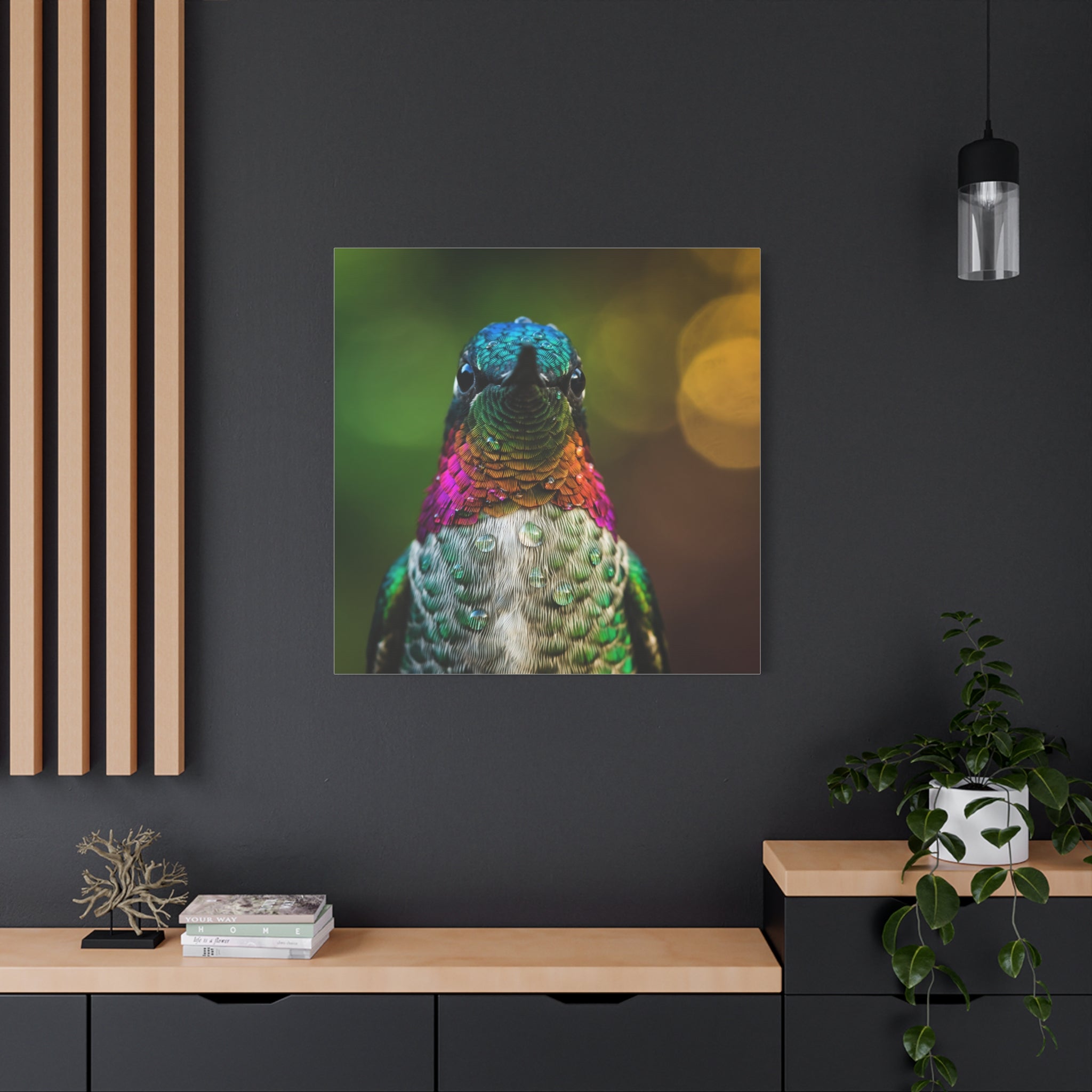 Iridescent Whispers: Hummingbird in Vibrant Plumage, Close-Up Nature Photography - L’Art Suprême Canvas
