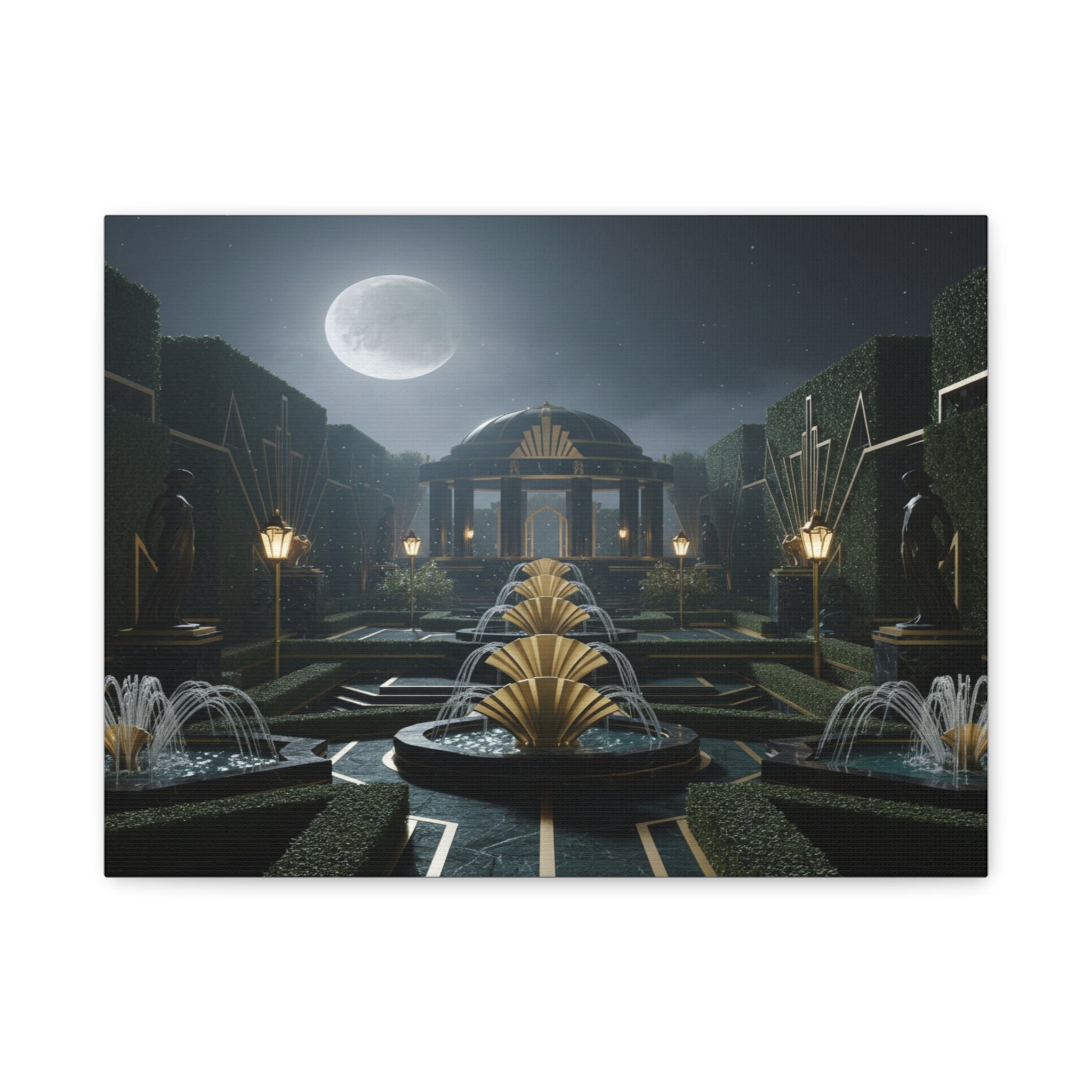 Nocturnal Pavilion: Art Deco Garden Symphony, Moonlit Architectural Dreamscape - L’Art Suprême Canvas