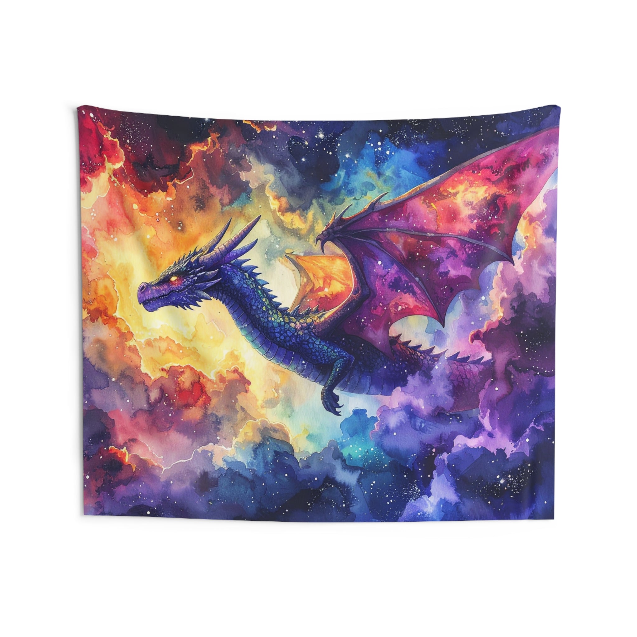 Celestial Dragonscape: Cosmic Fantasy Watercolor, Mythical Realm Panorama - L'Art Tapestry