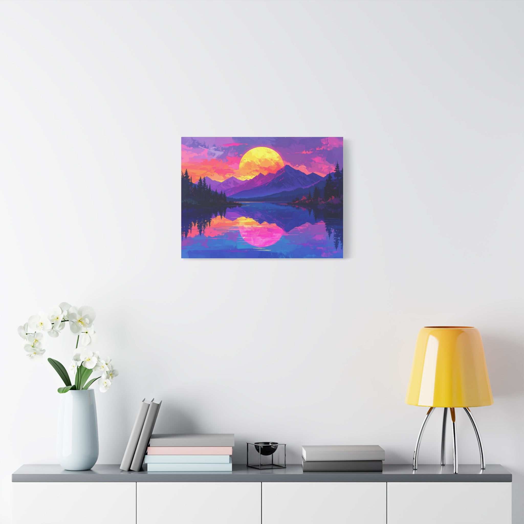 Twilight Symmetry: Neon Mountain Landscape, Vaporwave Digital Art - L’Art Suprême Canvas