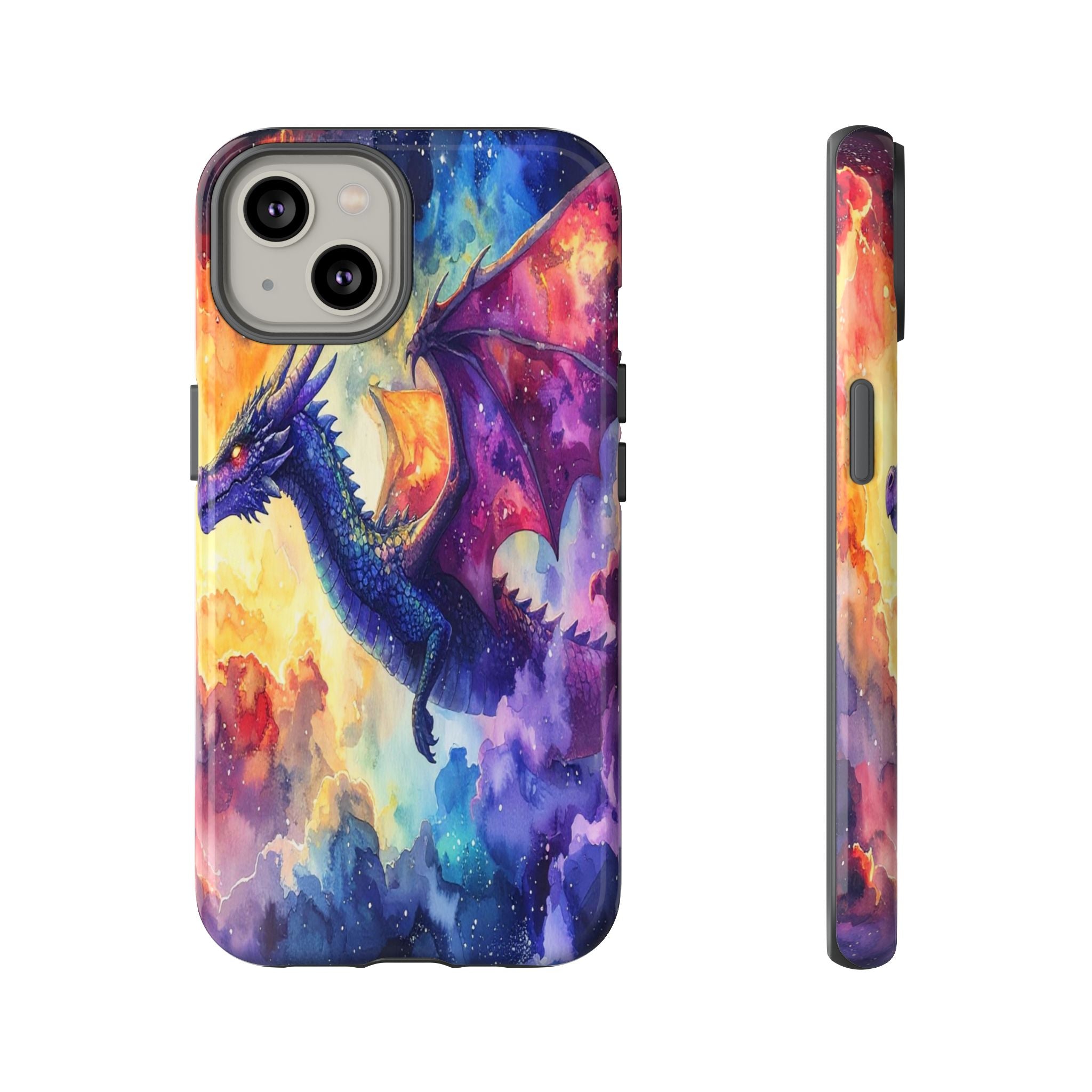 Celestial Dragons' Ascent: Watercolor Fantasy Artwork, Cosmic Nebula Landscape - L’Art Suprême Phone Case