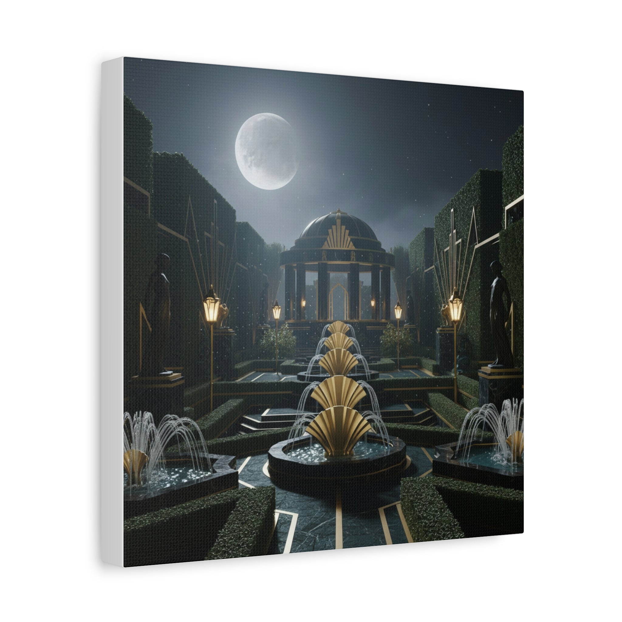 Nocturnal Pavilion: Art Deco Garden Symphony, Moonlit Architectural Dreamscape - L’Art Suprême Canvas