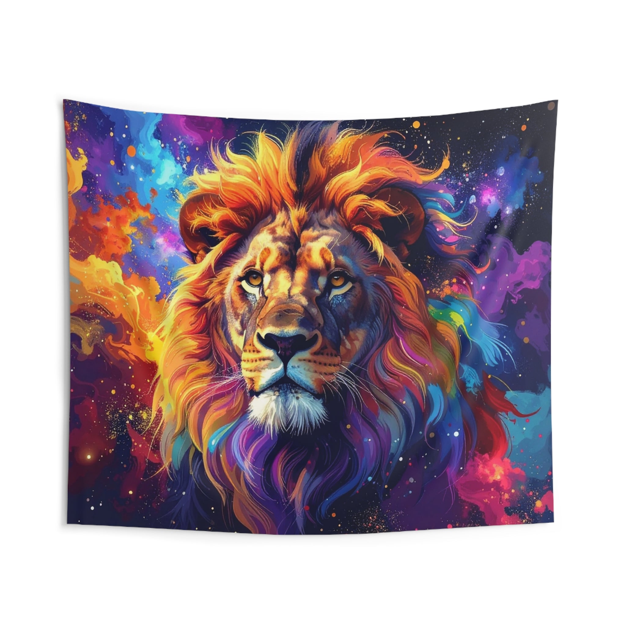 Cosmic Mane: Celestial Lion Portrait, Digital Cosmic Art, Vibrant Color Explosion - L'Art Tapestry
