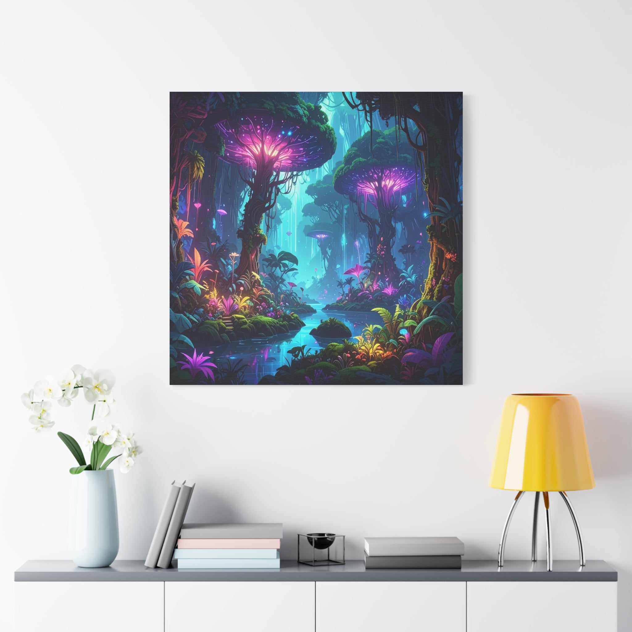 Luminescent Realms: Bioluminescent Forest Fantasy, Digital Art Dreamscape - L’Art Suprême Canvas