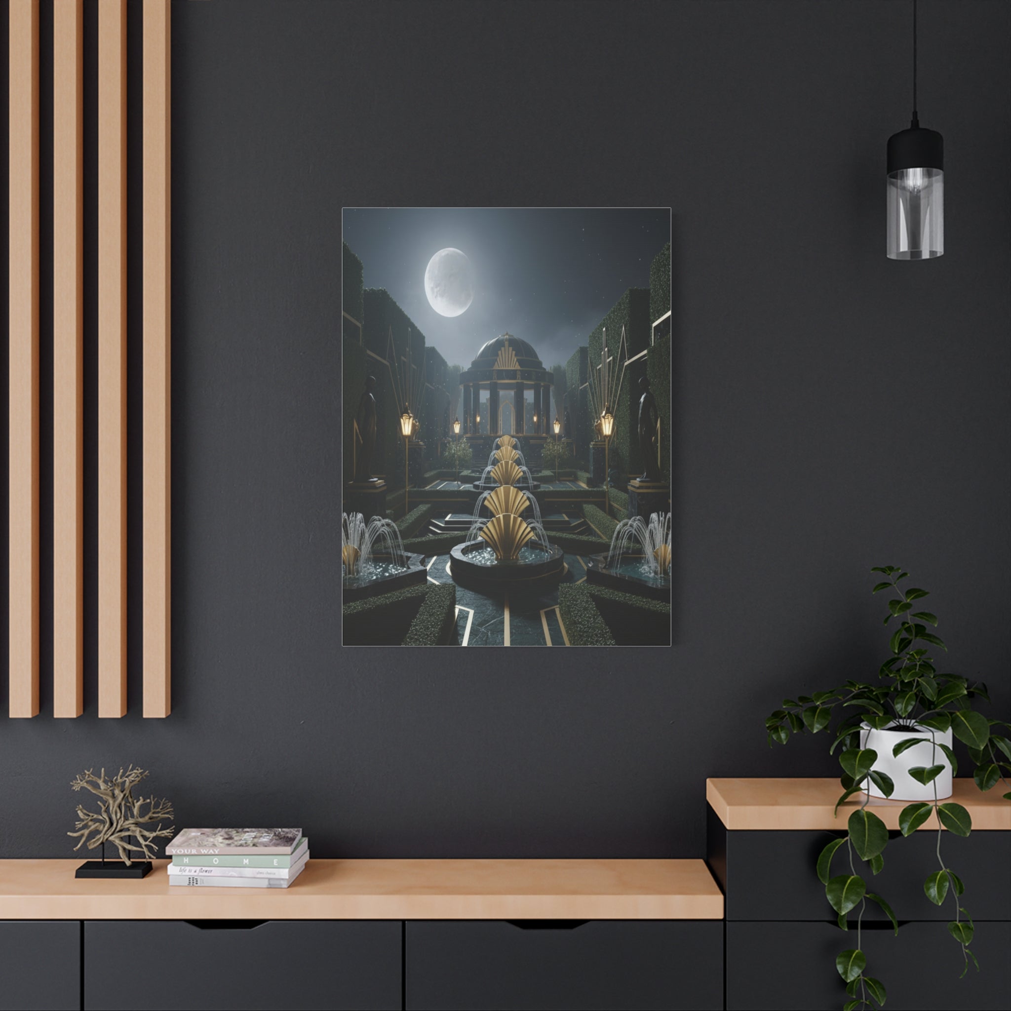 Nocturnal Pavilion: Art Deco Garden Symphony, Moonlit Architectural Dreamscape - L’Art Suprême Canvas