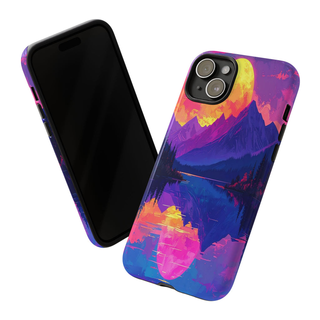 Twilight's Reflective Embrace: Mountain Synthwave Landscape, Digital Sunset Panorama - L’Art Suprême Phone Case