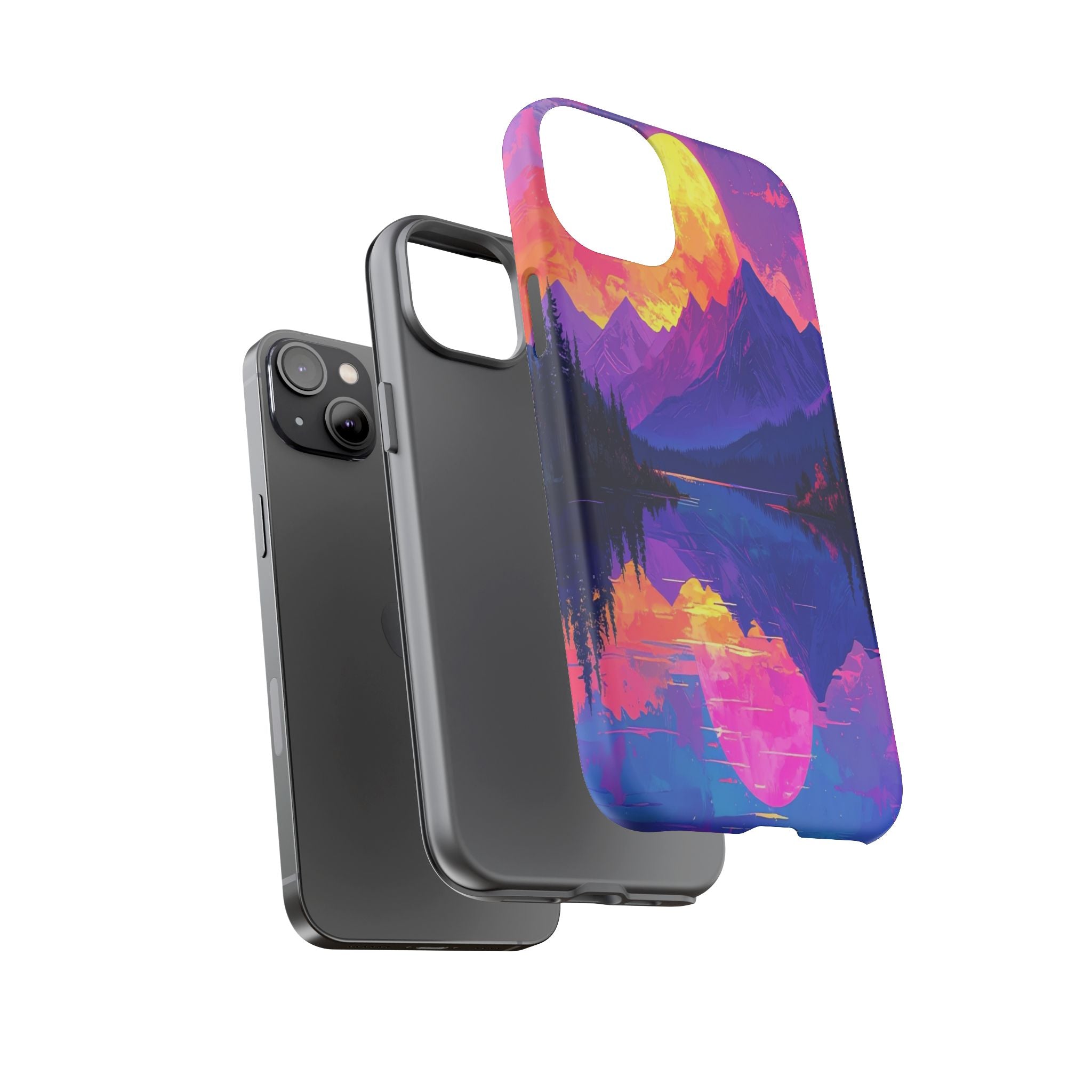 Twilight's Reflective Embrace: Mountain Synthwave Landscape, Digital Sunset Panorama - L’Art Suprême Phone Case