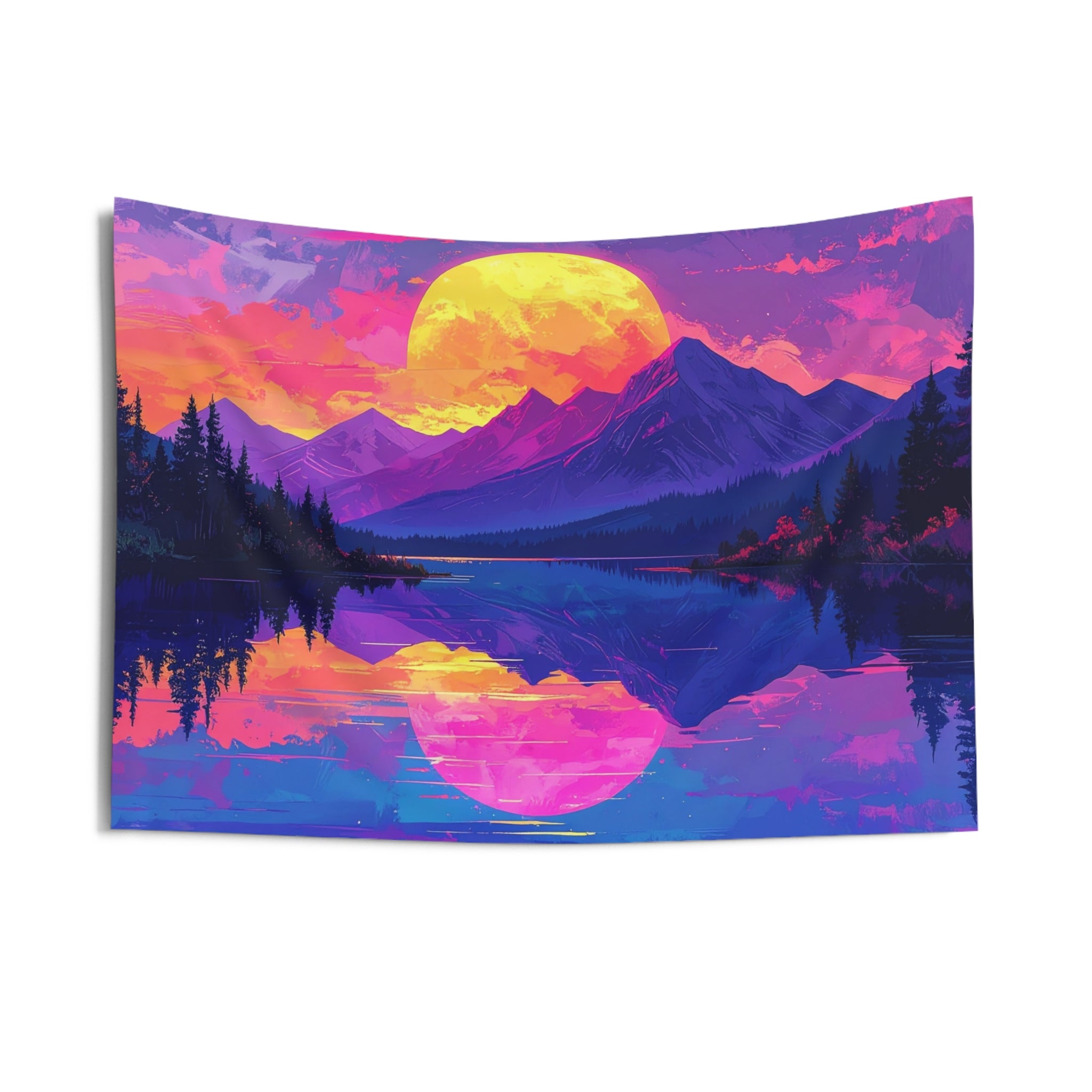 Sunset Symphony: Digital Mountain Dreamscape, Psychedelic Nature Illustration - L'Art Tapestry
