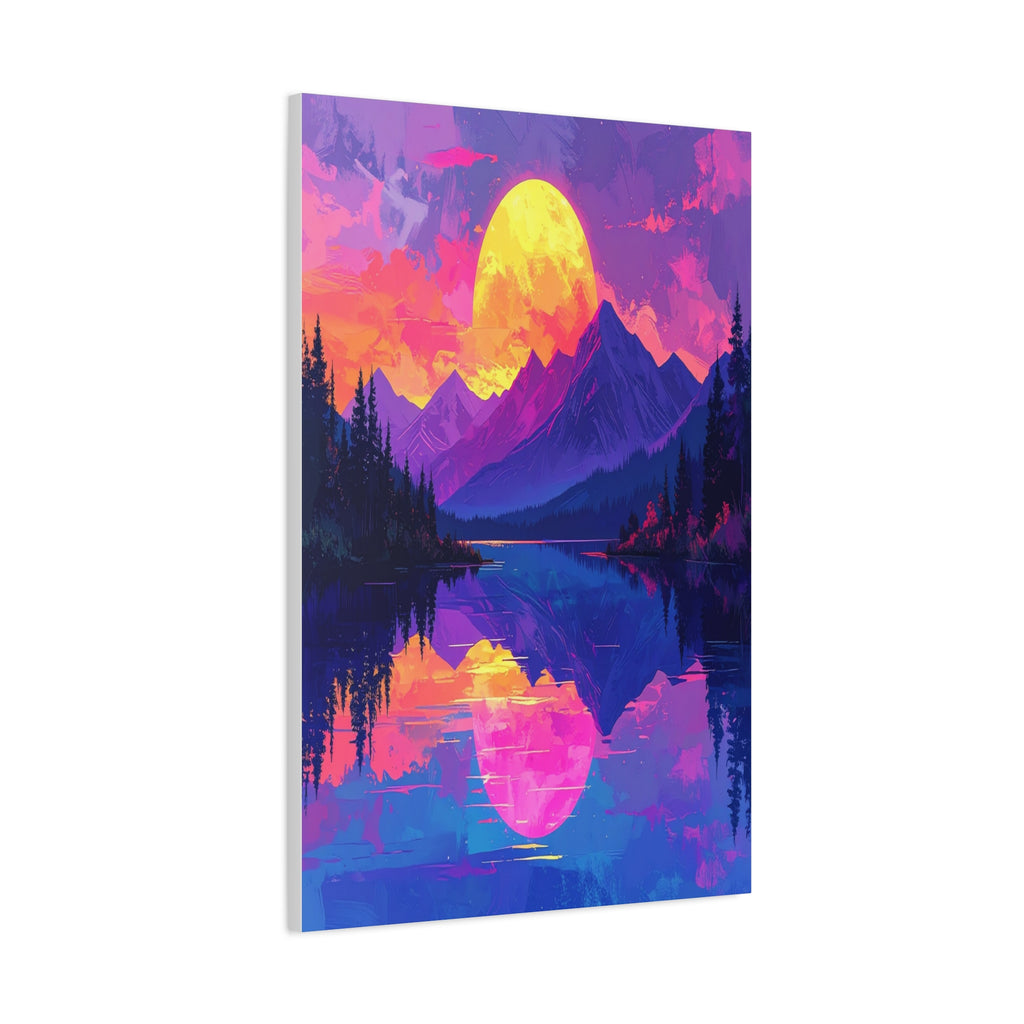 Twilight Symmetry: Neon Mountain Landscape, Vaporwave Digital Art - L’Art Suprême Canvas