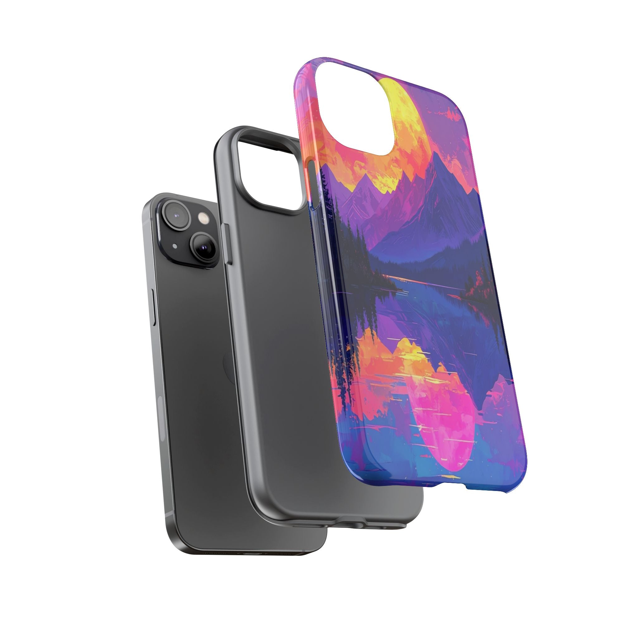 Twilight's Reflective Embrace: Mountain Synthwave Landscape, Digital Sunset Panorama - L’Art Suprême Phone Case