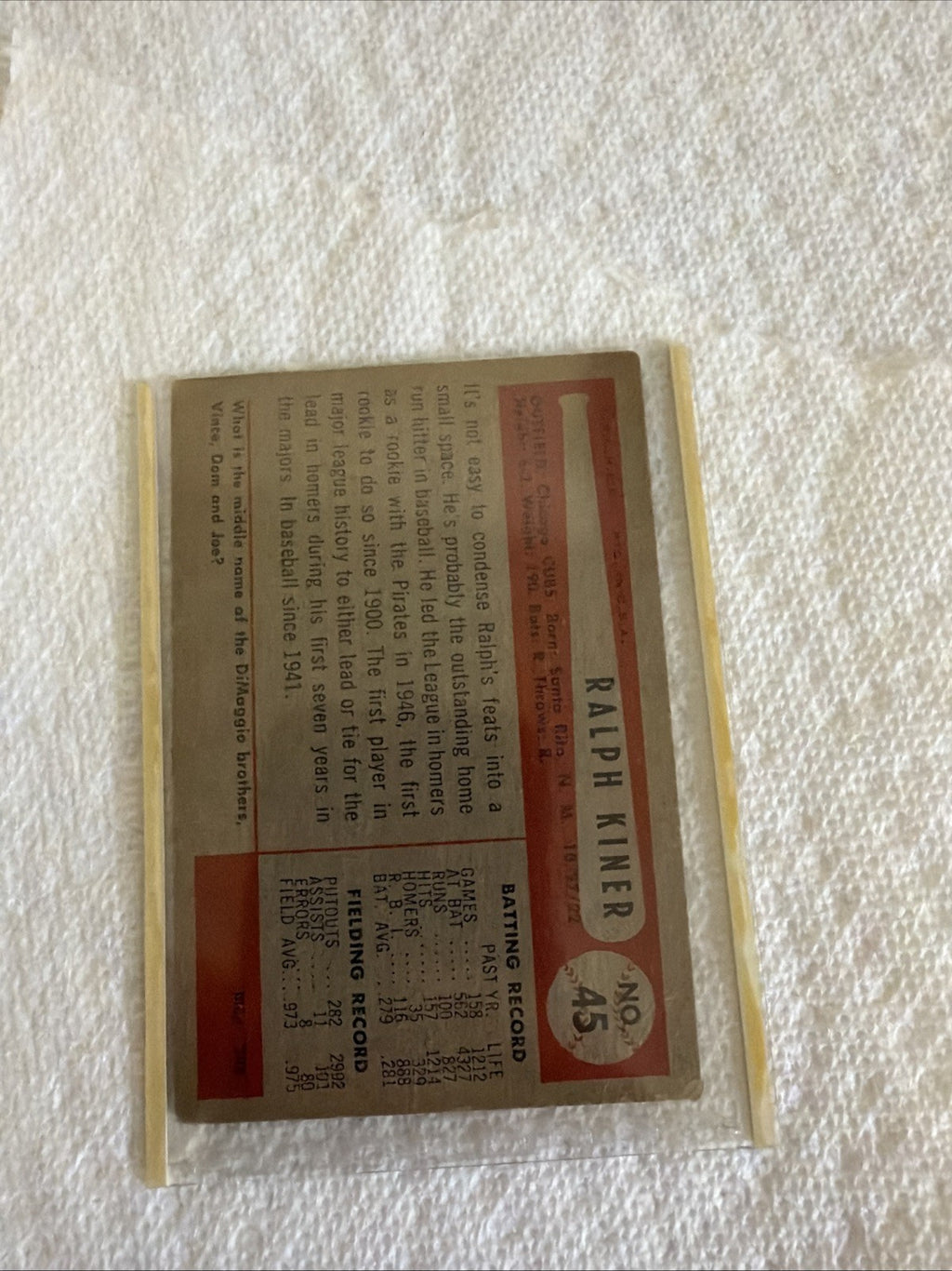 1954 Bowman Ralph Kiner Pittsburgh Pirates HOF #45 Fair-Good Condition 