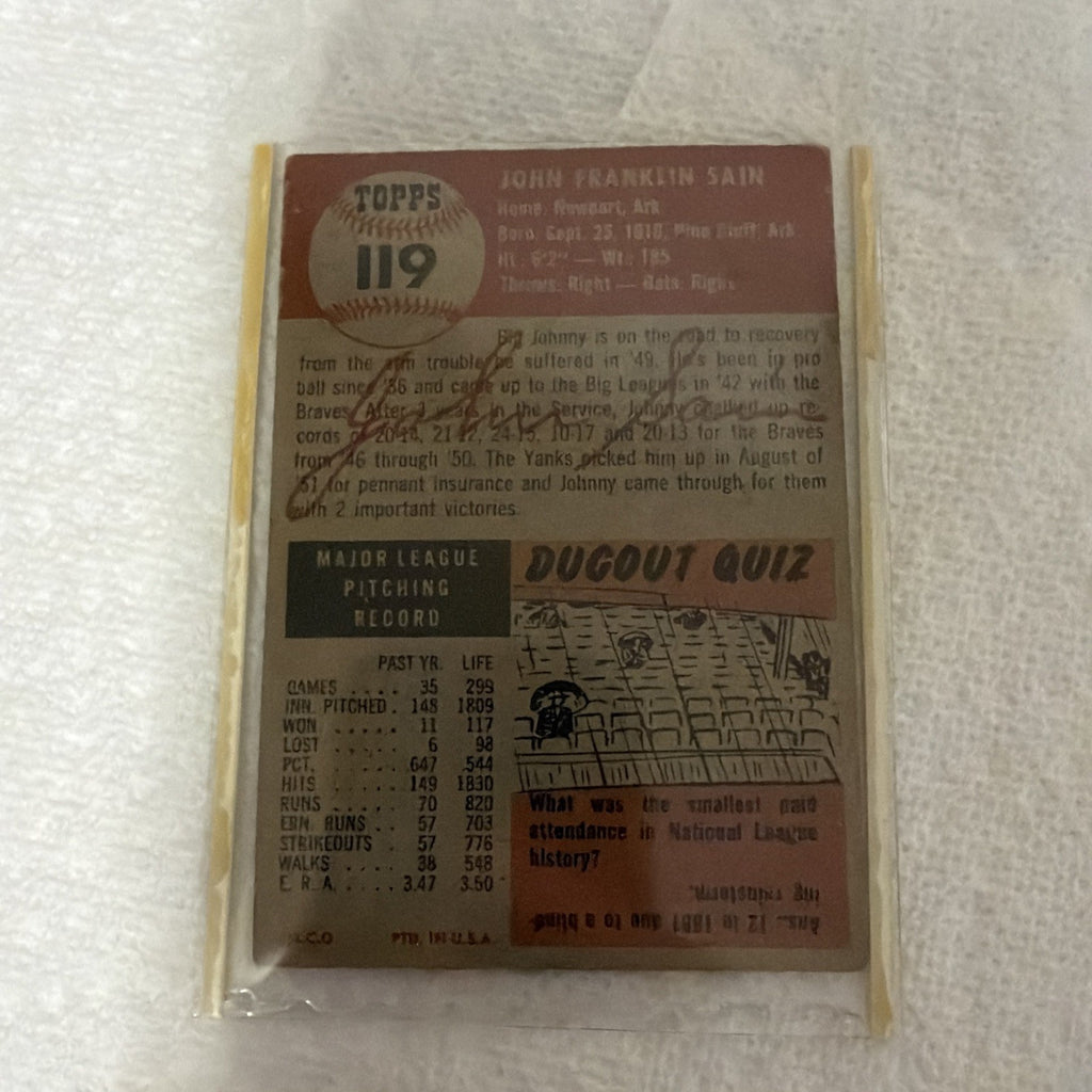 1953 Topps - Johnny Sain #119 Bio Information in Black - Lower Grade