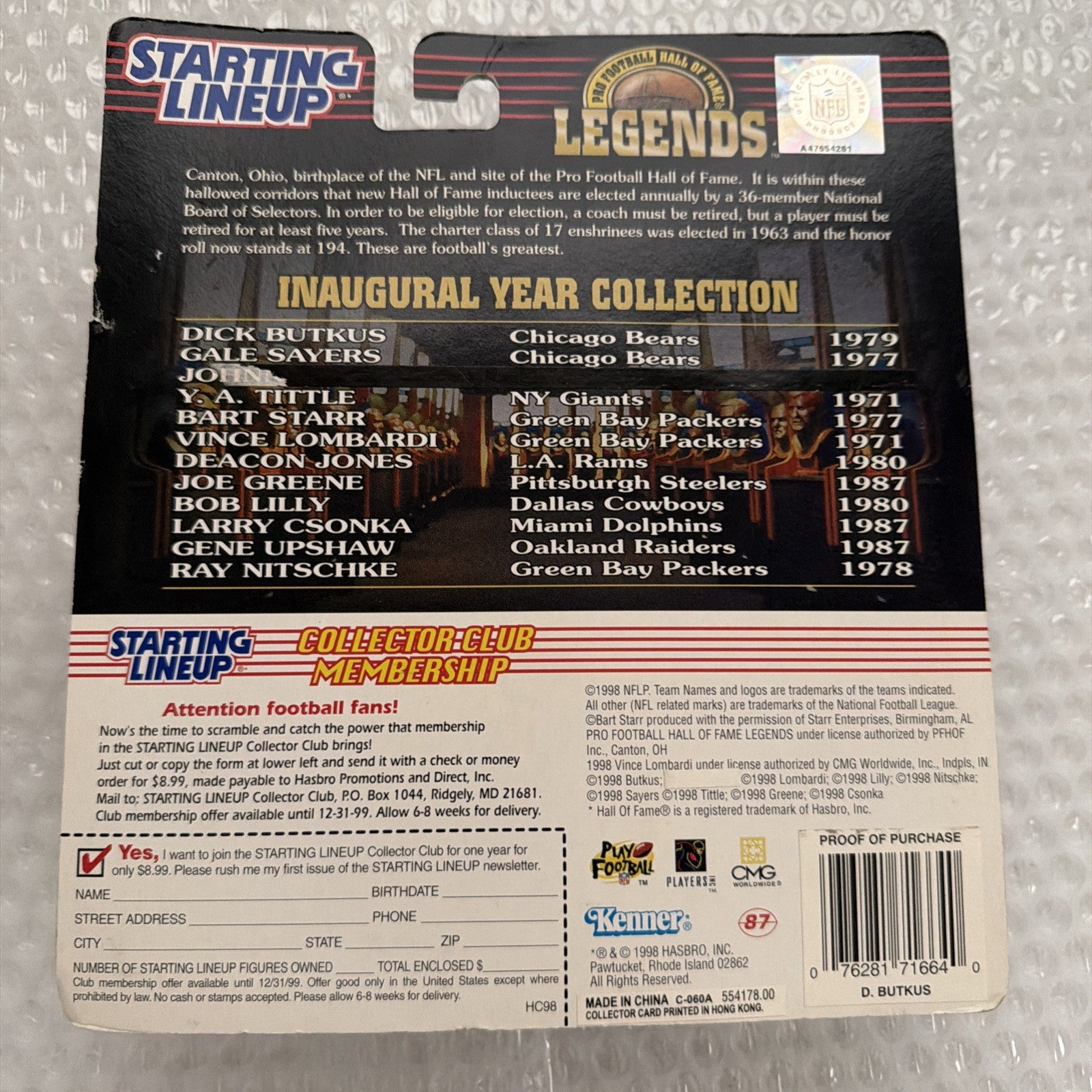 1998 Starting Line Up NFL Legends Dick Butkus Chicago Bears Sealed