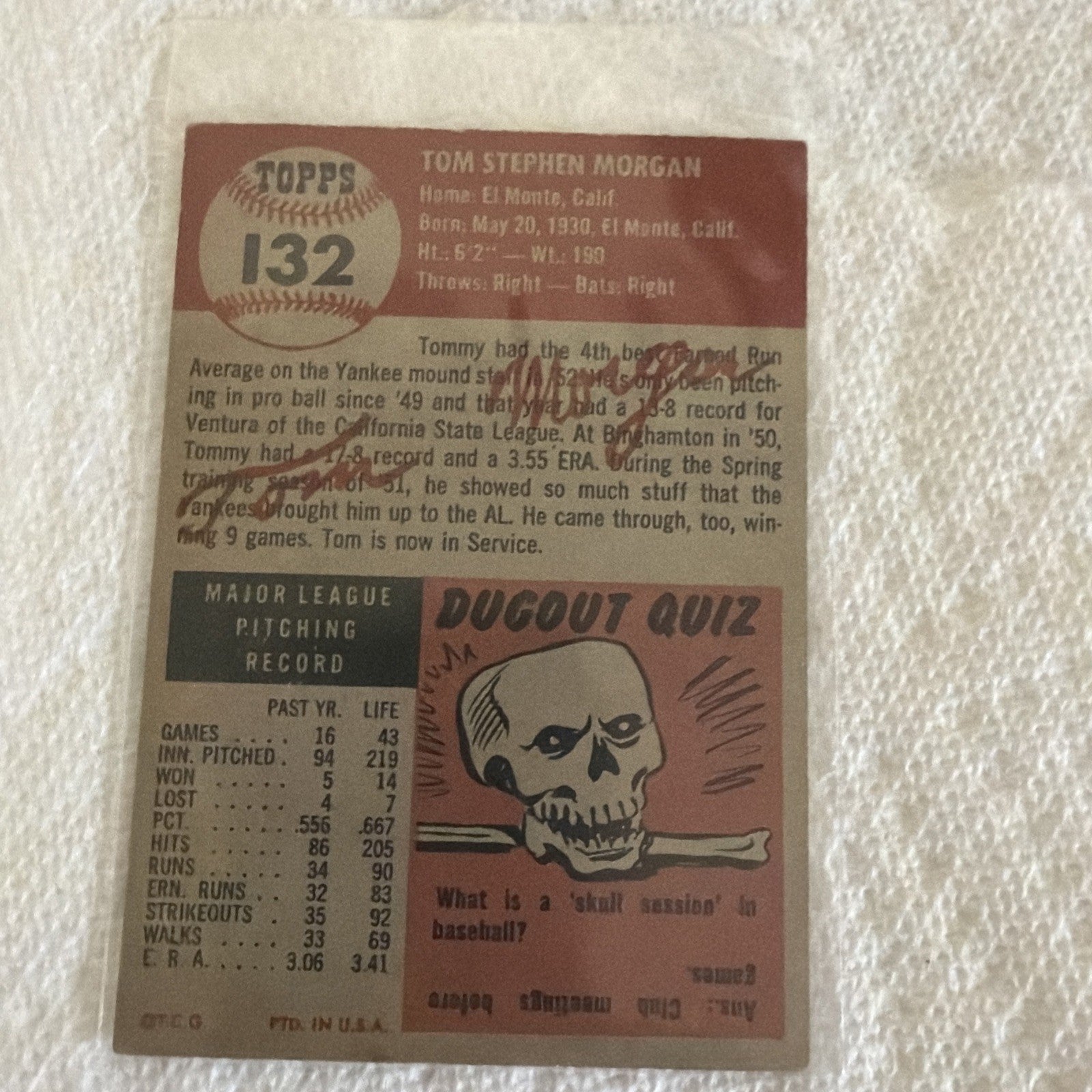 1953 Topps - Tom Morgan #132 Bio Information is Black