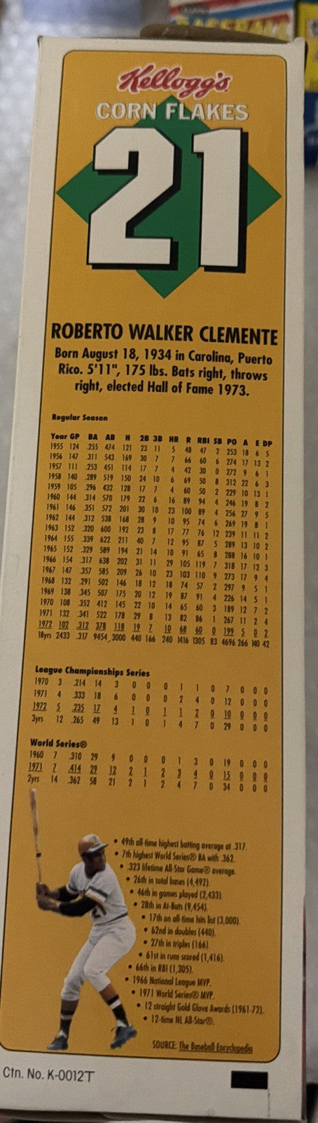 VTG Kellogg's Corn Flakes Cereal Box Roberto Clemente 1994 Pittsburgh Pirates 21