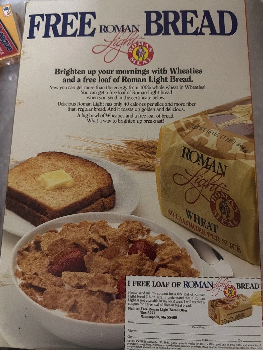 Vintage 1988 Walter Payton Chicago Bears Wheaties Empty Cereal Box