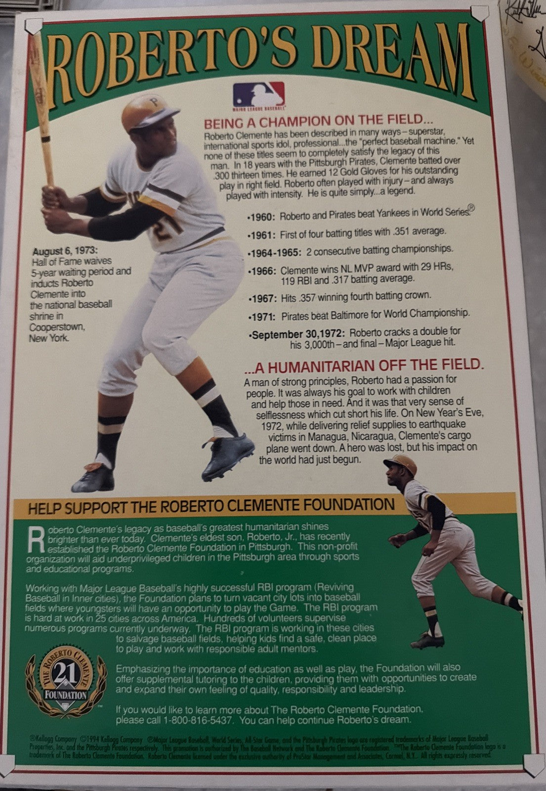 VTG Kellogg's Corn Flakes Cereal Box Roberto Clemente 1994 Pittsburgh Pirates 21