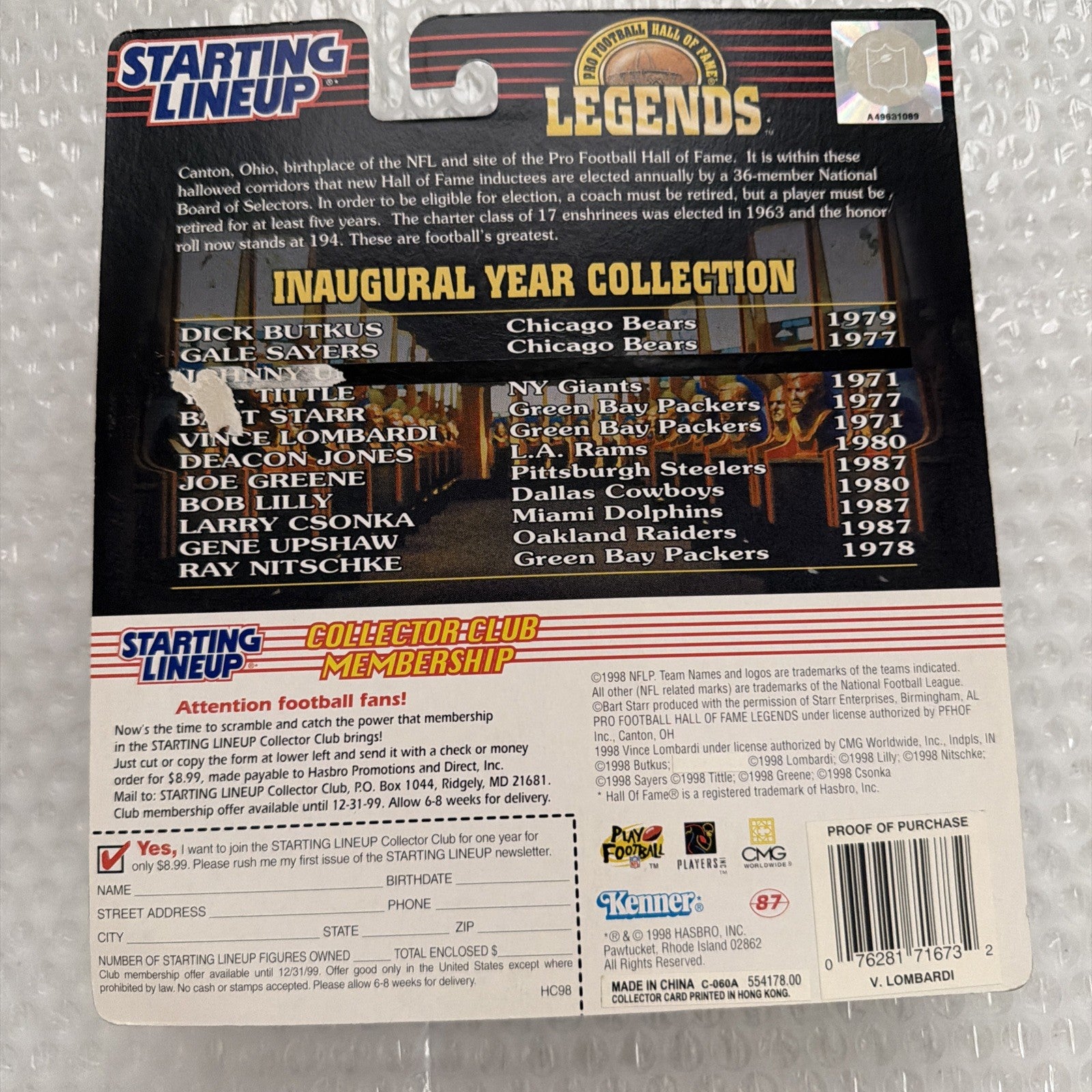 New & Sealed VINCE LOMBARDI 1998 Starting Lineup NFL HOF LEGENDS Figure & Card