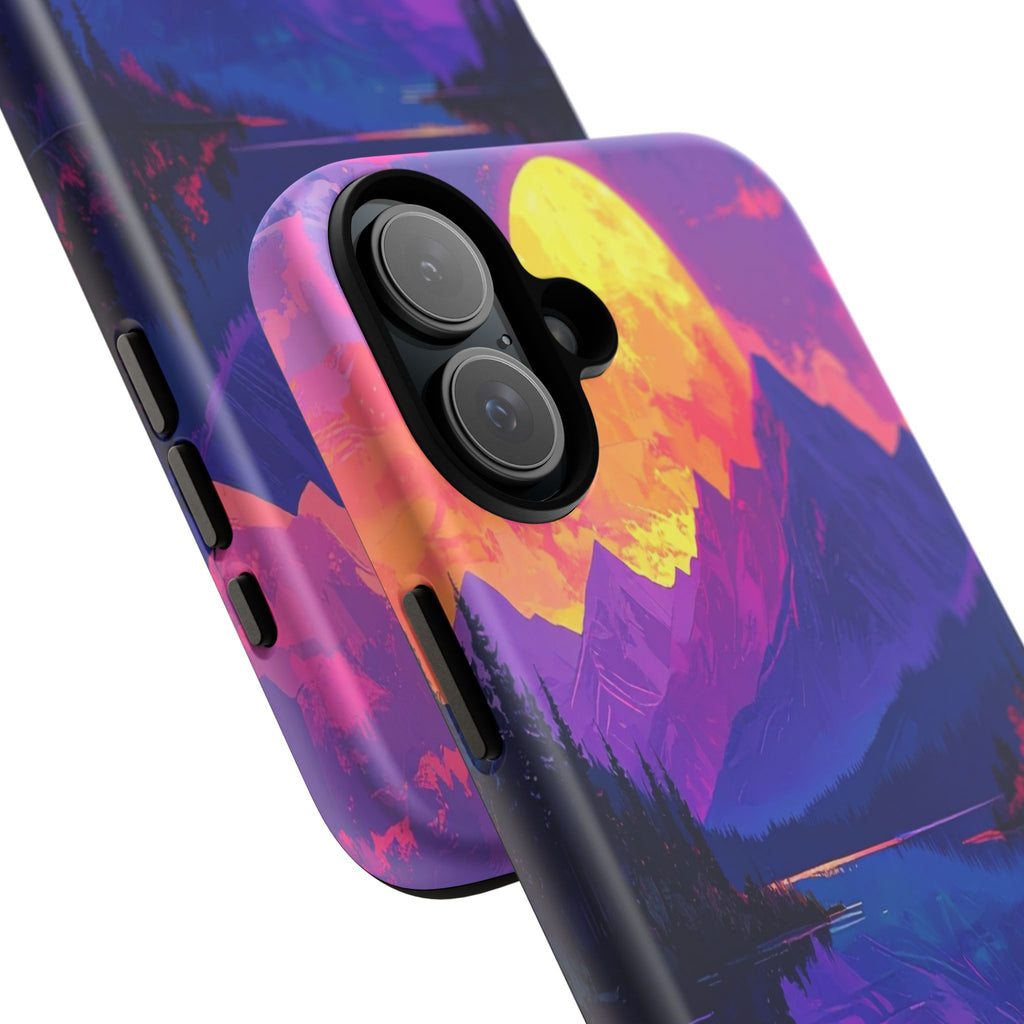 Twilight's Reflective Embrace: Mountain Synthwave Landscape, Digital Sunset Panorama - L’Art Suprême Phone Case