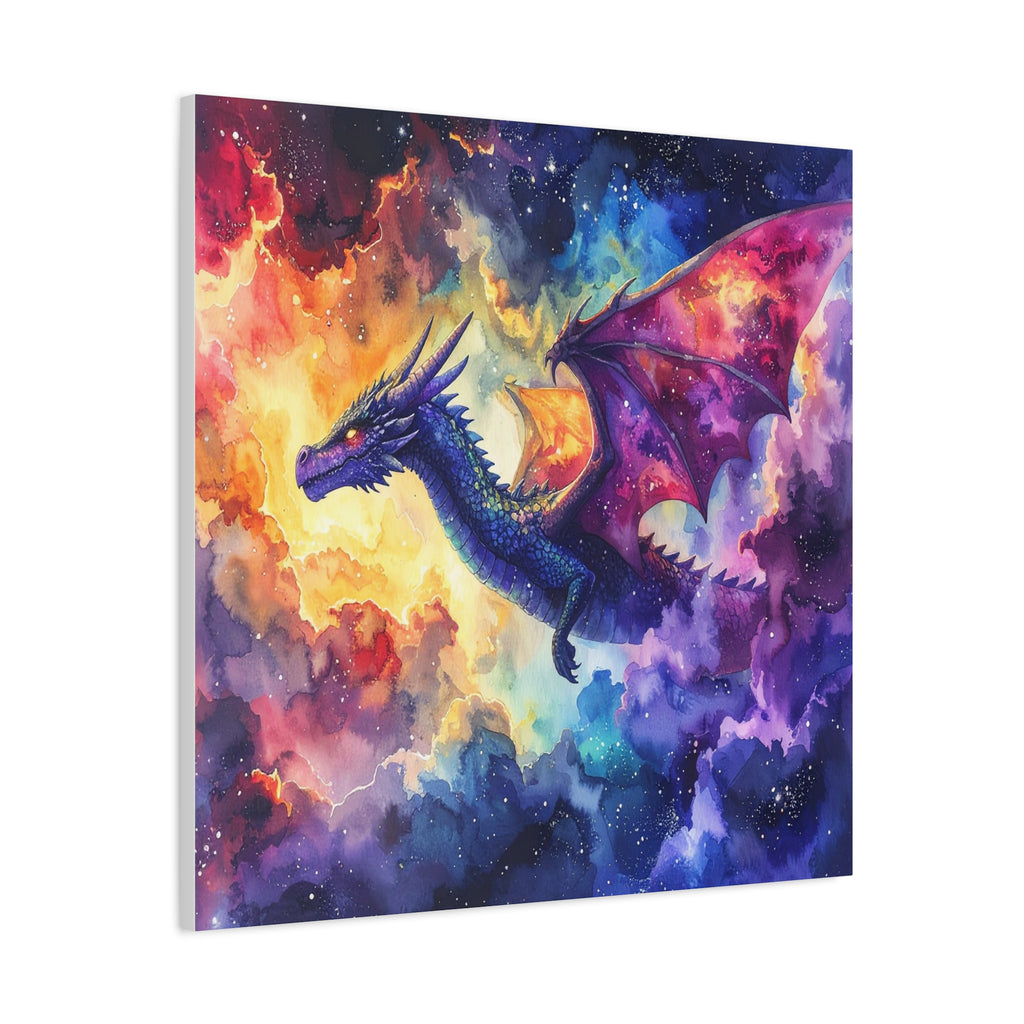 Cosmic Dragons' Ascent: Ethereal Watercolor Fantasy, Celestial Mythical Landscape - L’Art Suprême Canvas