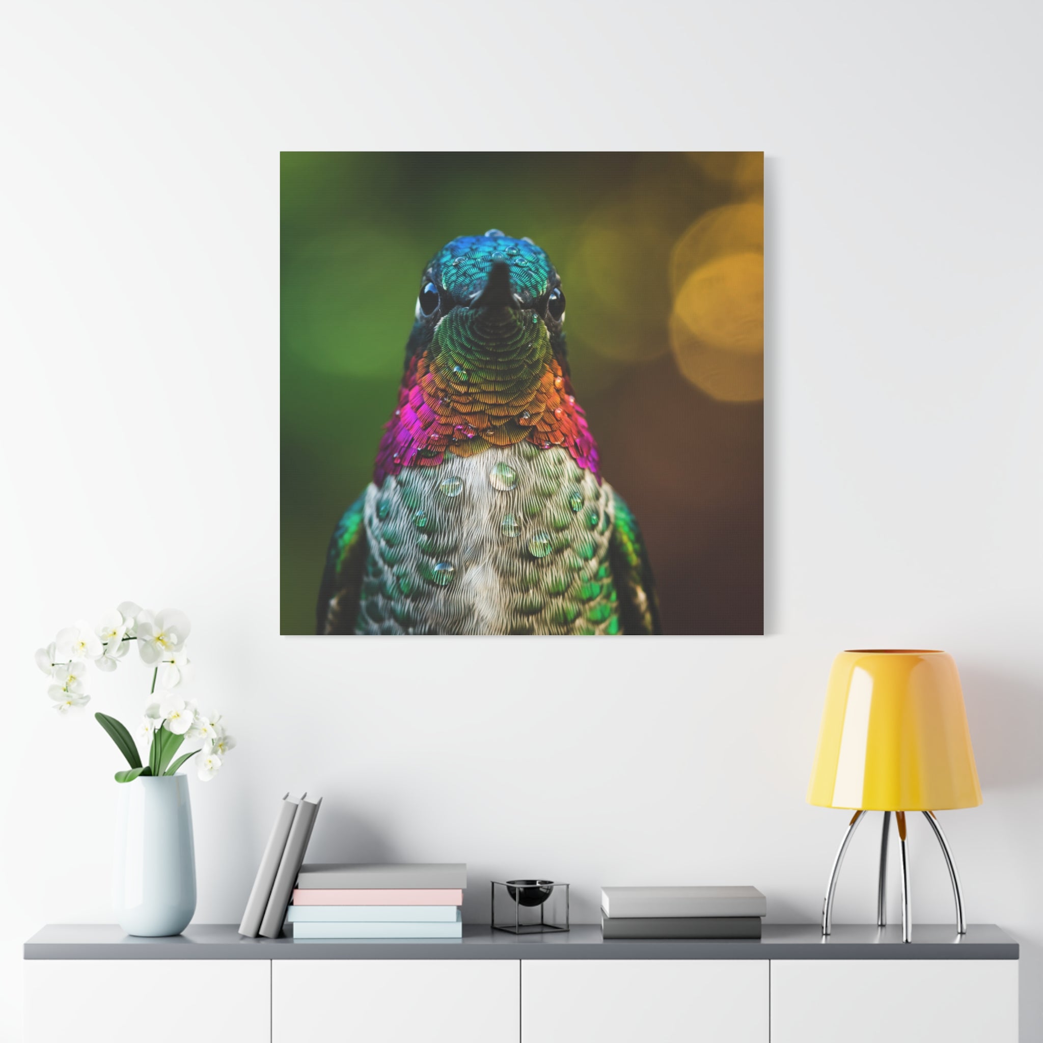 Iridescent Whispers: Hummingbird in Vibrant Plumage, Close-Up Nature Photography - L’Art Suprême Canvas