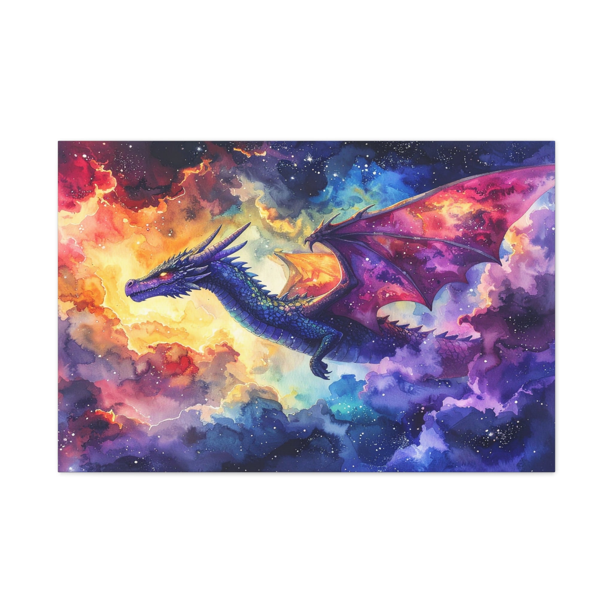 Cosmic Dragons' Ascent: Ethereal Watercolor Fantasy, Celestial Mythical Landscape - L’Art Suprême Canvas