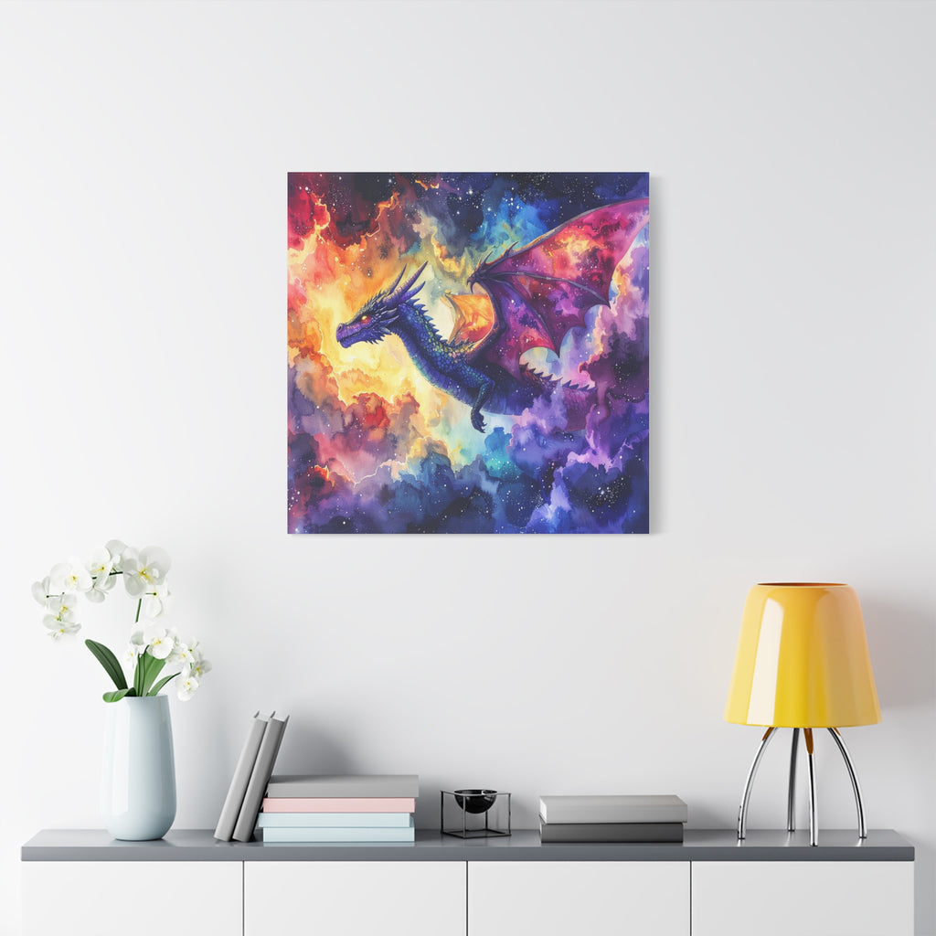 Cosmic Dragons' Ascent: Ethereal Watercolor Fantasy, Celestial Mythical Landscape - L’Art Suprême Canvas