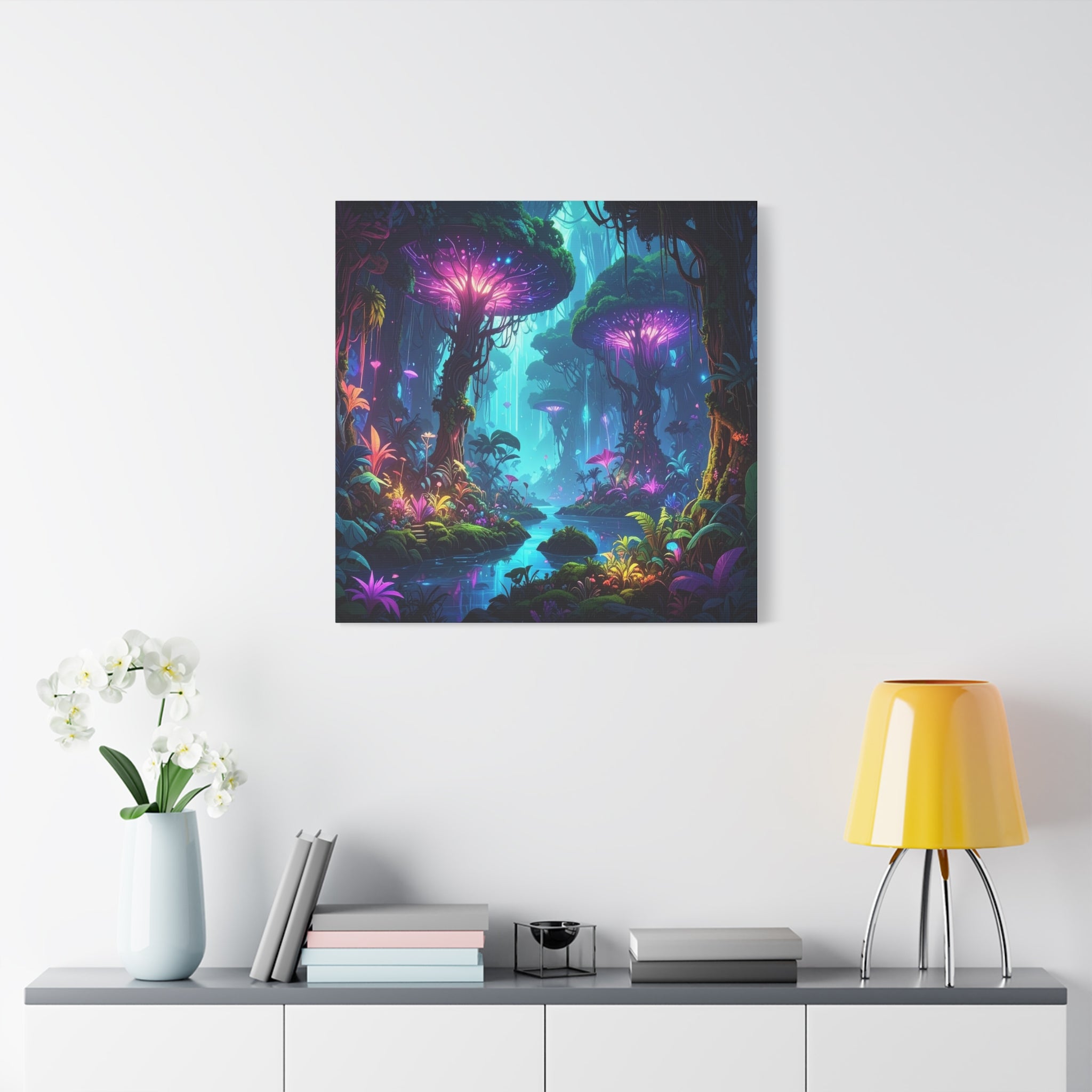 Luminescent Realms: Bioluminescent Forest Fantasy, Digital Art Dreamscape - L’Art Suprême Canvas