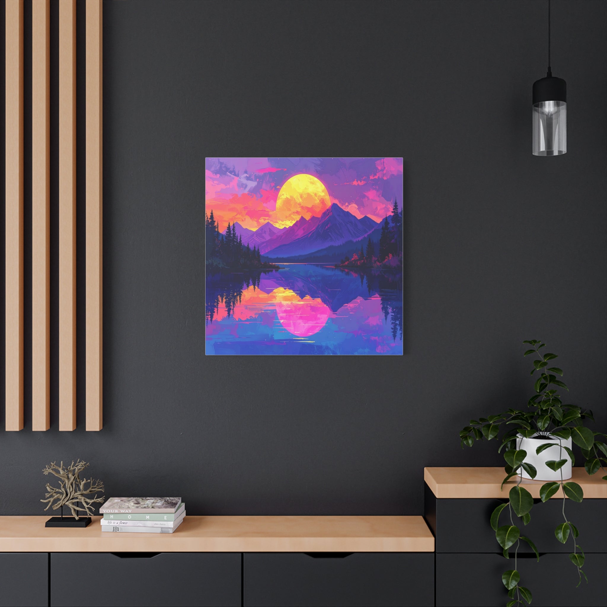 Twilight Symmetry: Neon Mountain Landscape, Vaporwave Digital Art - L’Art Suprême Canvas