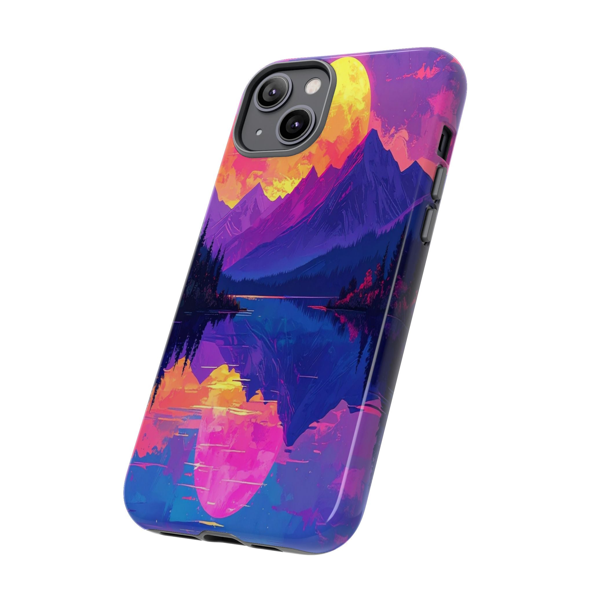 Twilight's Reflective Embrace: Mountain Synthwave Landscape, Digital Sunset Panorama - L’Art Suprême Phone Case