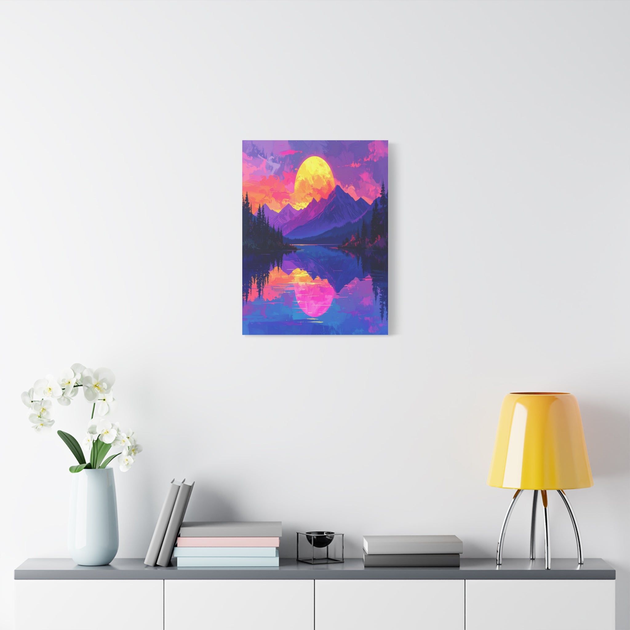 Twilight Symmetry: Neon Mountain Landscape, Vaporwave Digital Art - L’Art Suprême Canvas