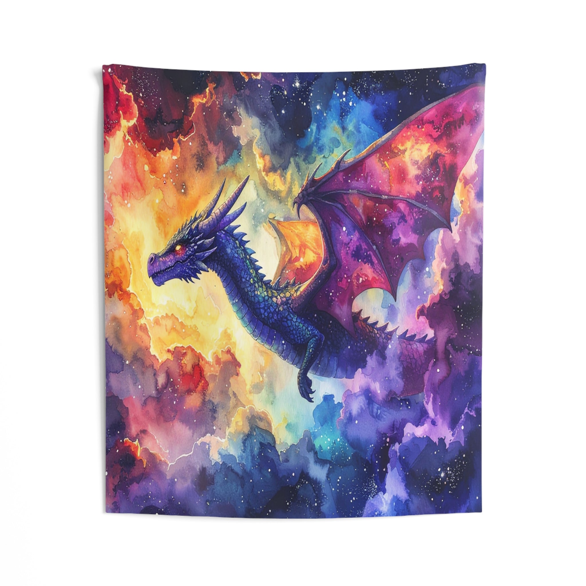 Celestial Dragonscape: Cosmic Fantasy Watercolor, Mythical Realm Panorama - L'Art Tapestry