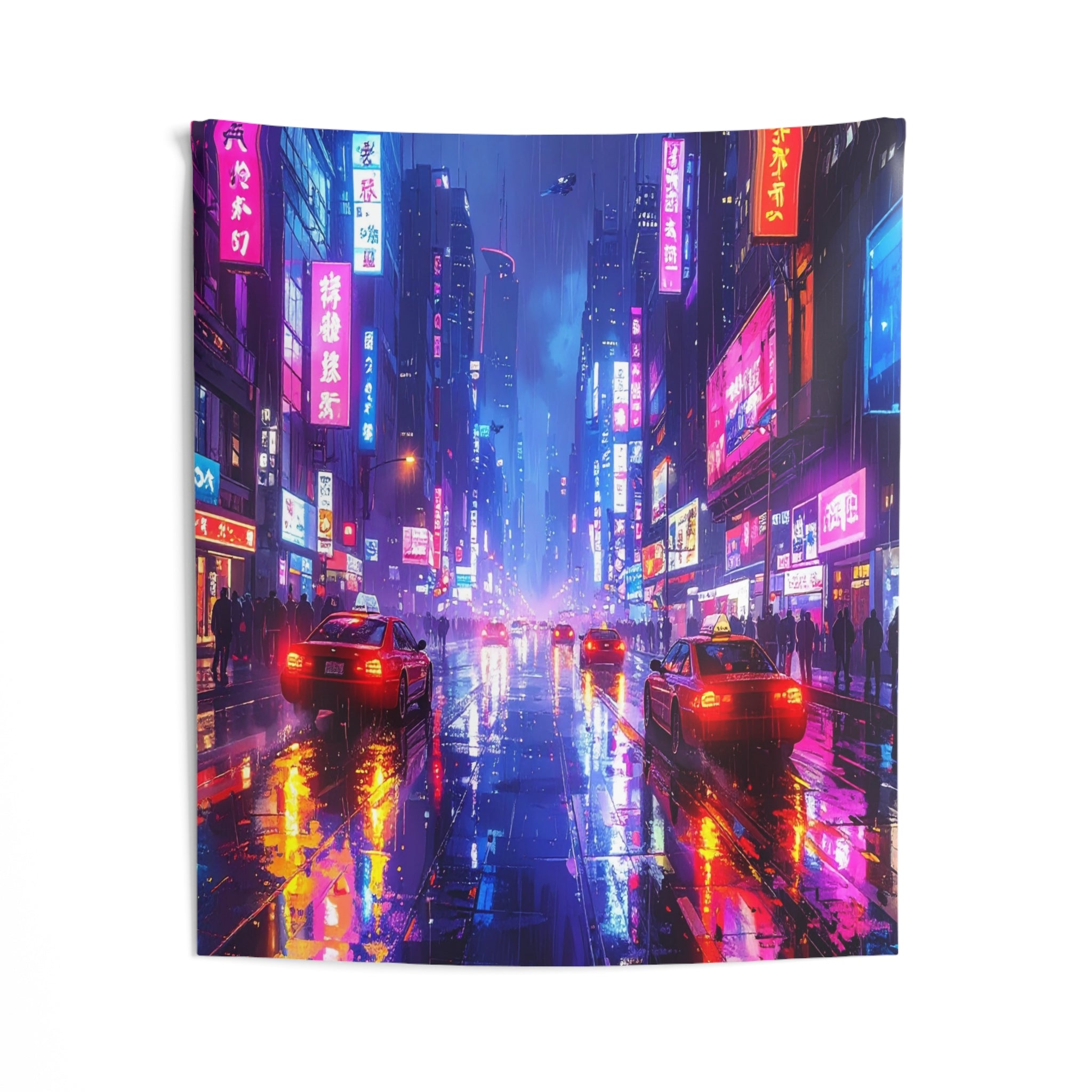 Neon Metropolis: Cyberpunk Urban Landscape, Rain-Soaked Night Scene - L'Art Tapestry