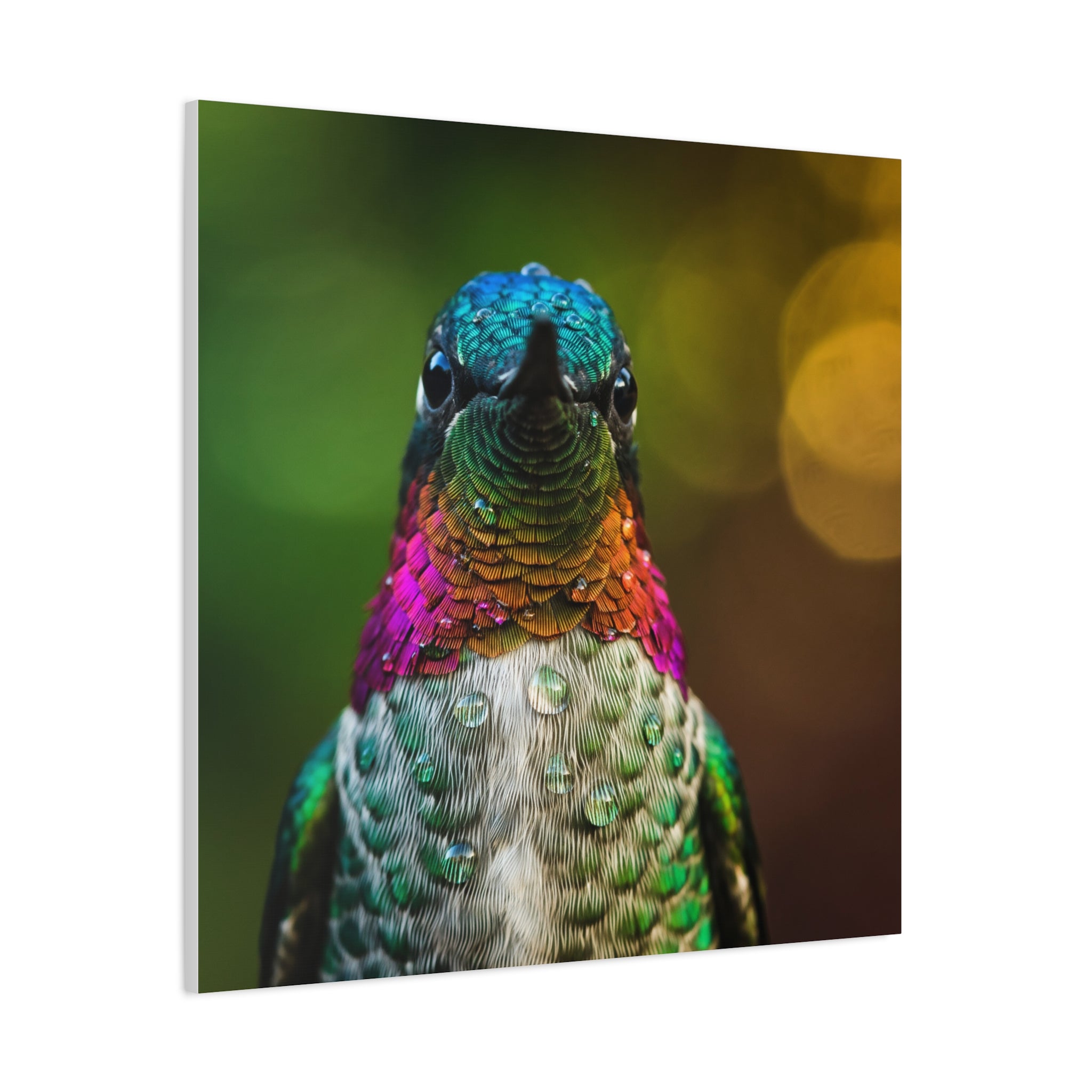 Iridescent Whispers: Hummingbird in Vibrant Plumage, Close-Up Nature Photography - L’Art Suprême Canvas
