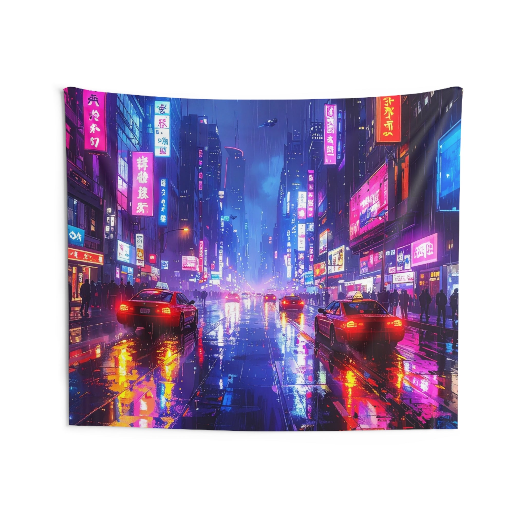 Neon Metropolis: Cyberpunk Urban Landscape, Rain-Soaked Night Scene - L'Art Tapestry