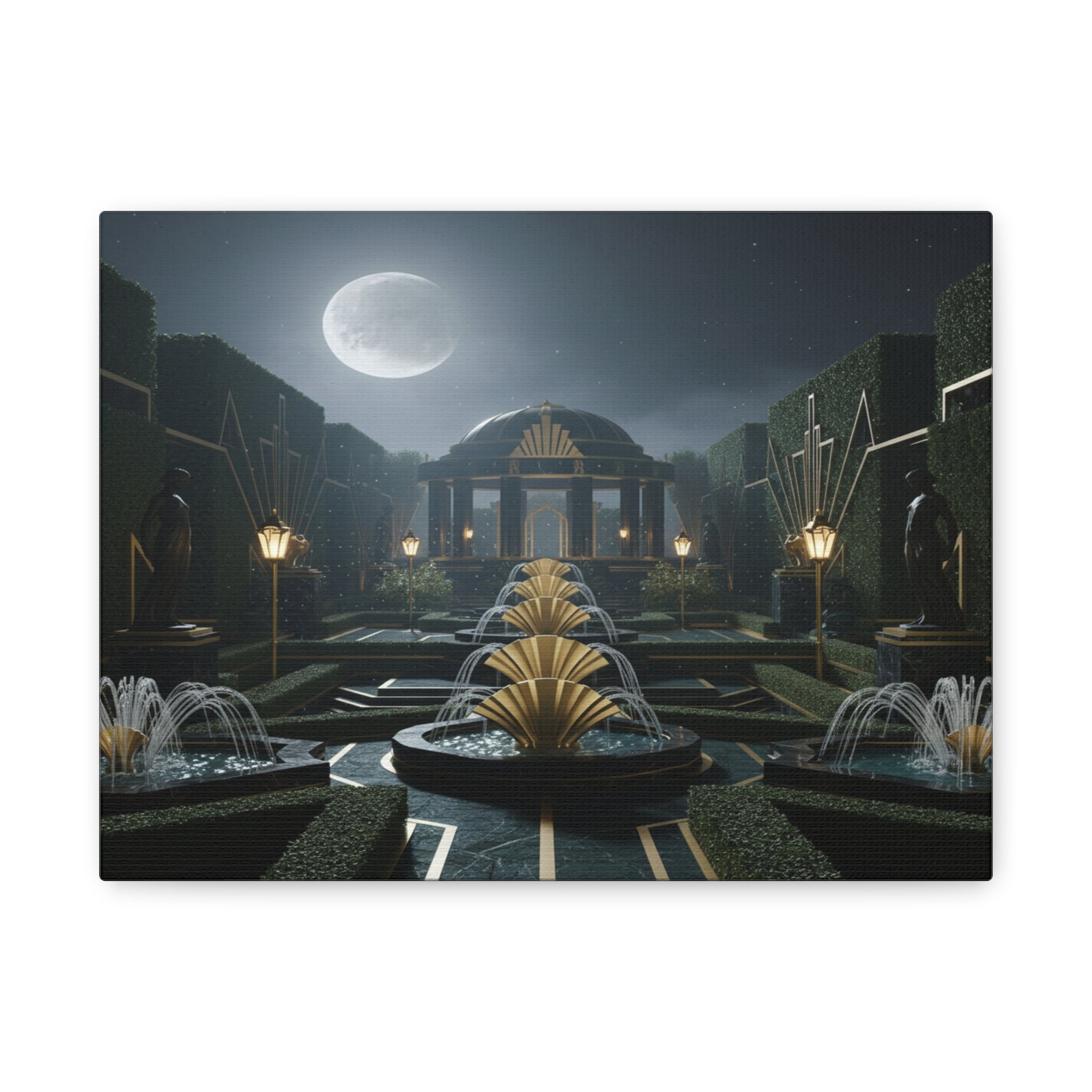 Nocturnal Pavilion: Art Deco Garden Symphony, Moonlit Architectural Dreamscape - L’Art Suprême Canvas