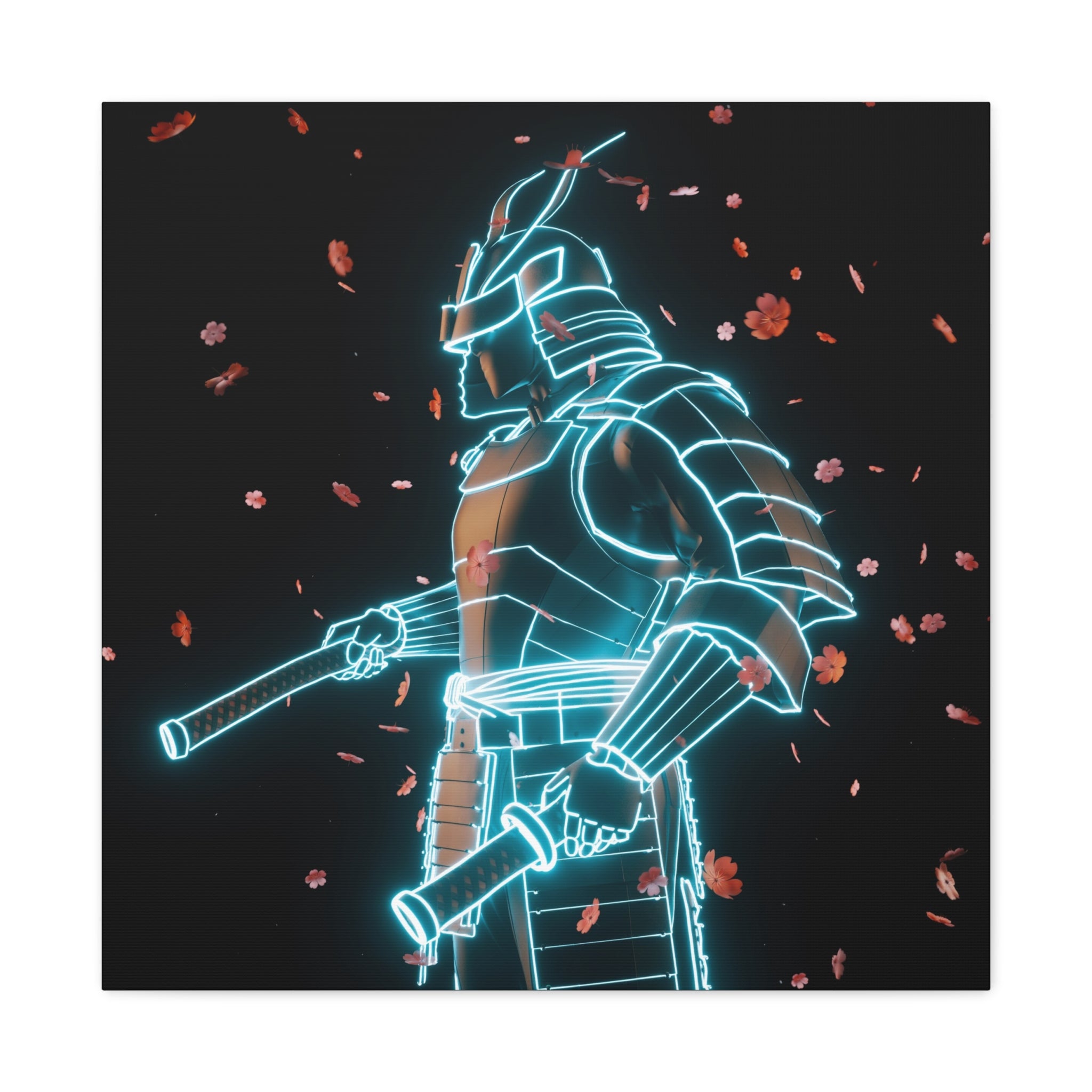 Neon Samurai: Digital Warrior, Cyberpunk Fusion, Glowing Wireframe Armor - L’Art Suprême Canvas
