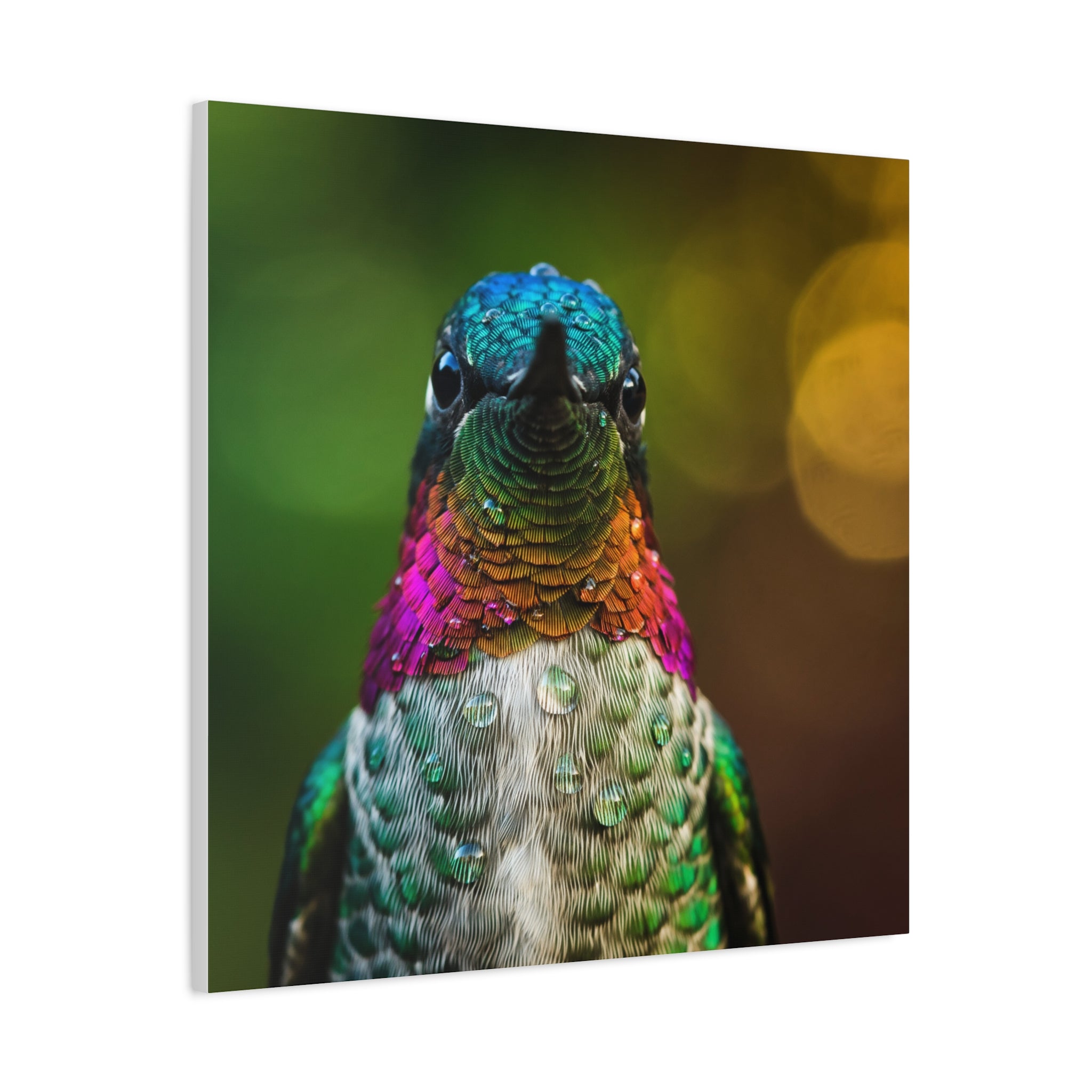 Iridescent Whispers: Hummingbird in Vibrant Plumage, Close-Up Nature Photography - L’Art Suprême Canvas