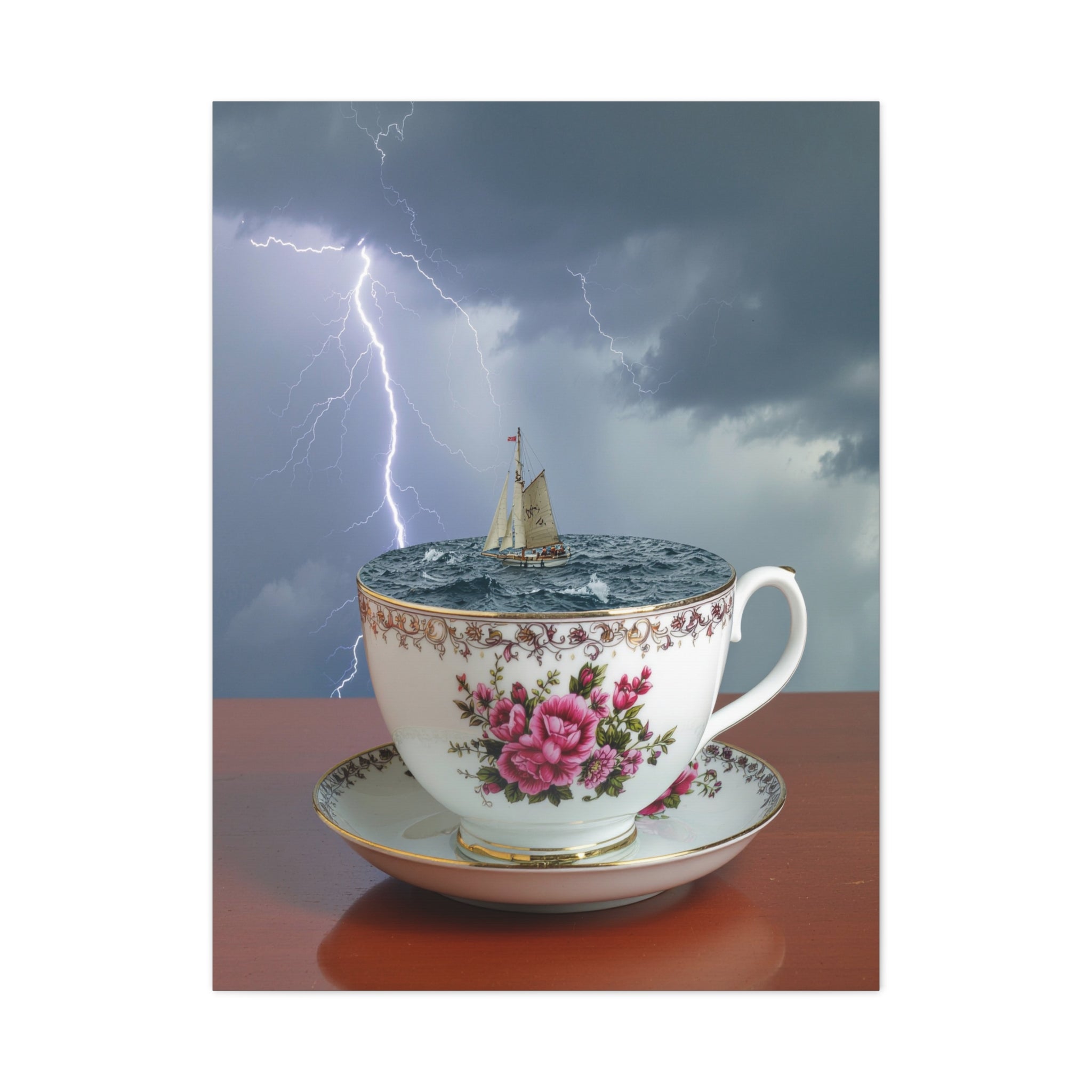 Tempest in a Teacup: Surreal Maritime Digital Art, Porcelain Seascape Narrative - L’Art Suprême Canvas