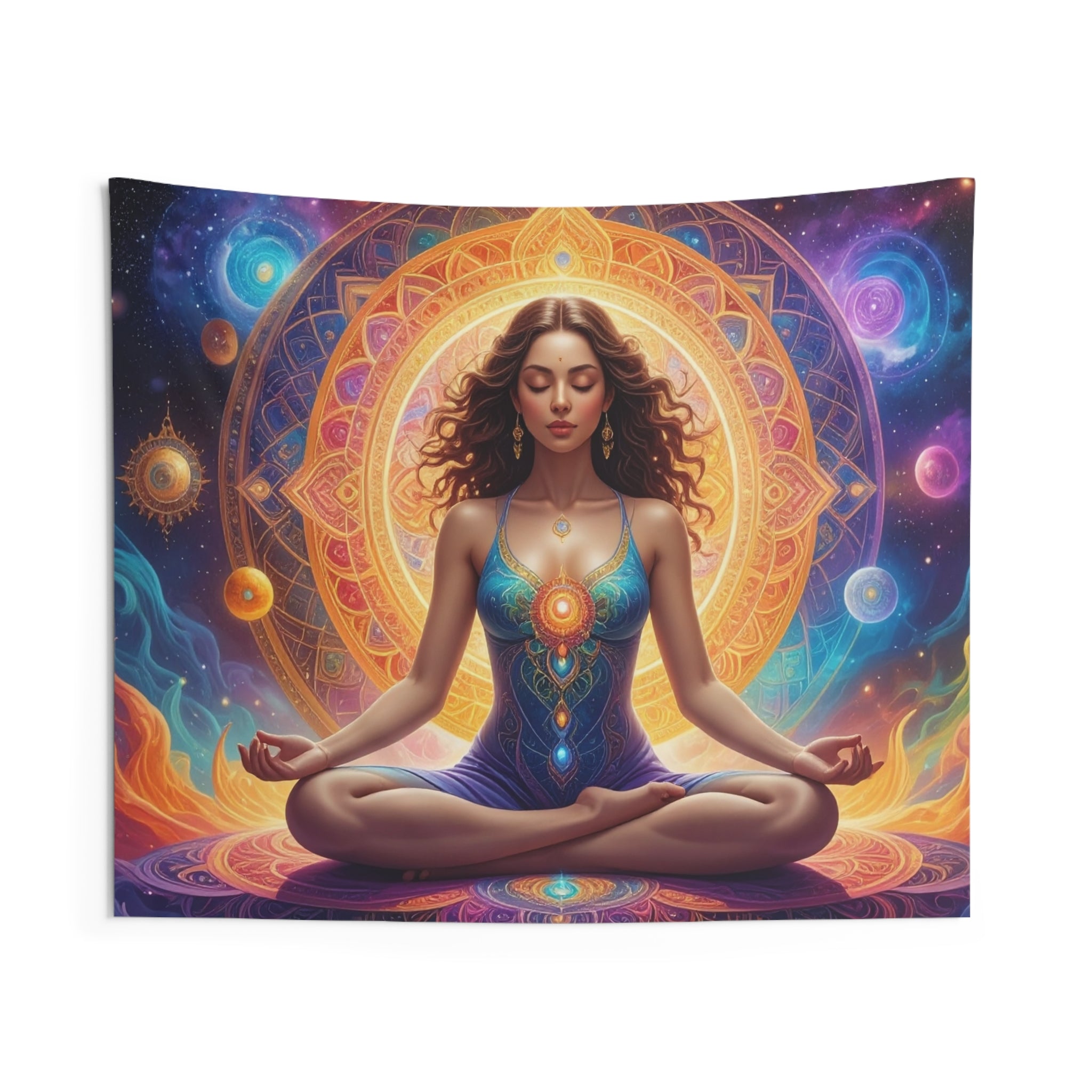 Cosmic Meditation: Ethereal Chakra Mandala, Spiritual Digital Art Transformation - L'Art Tapestry