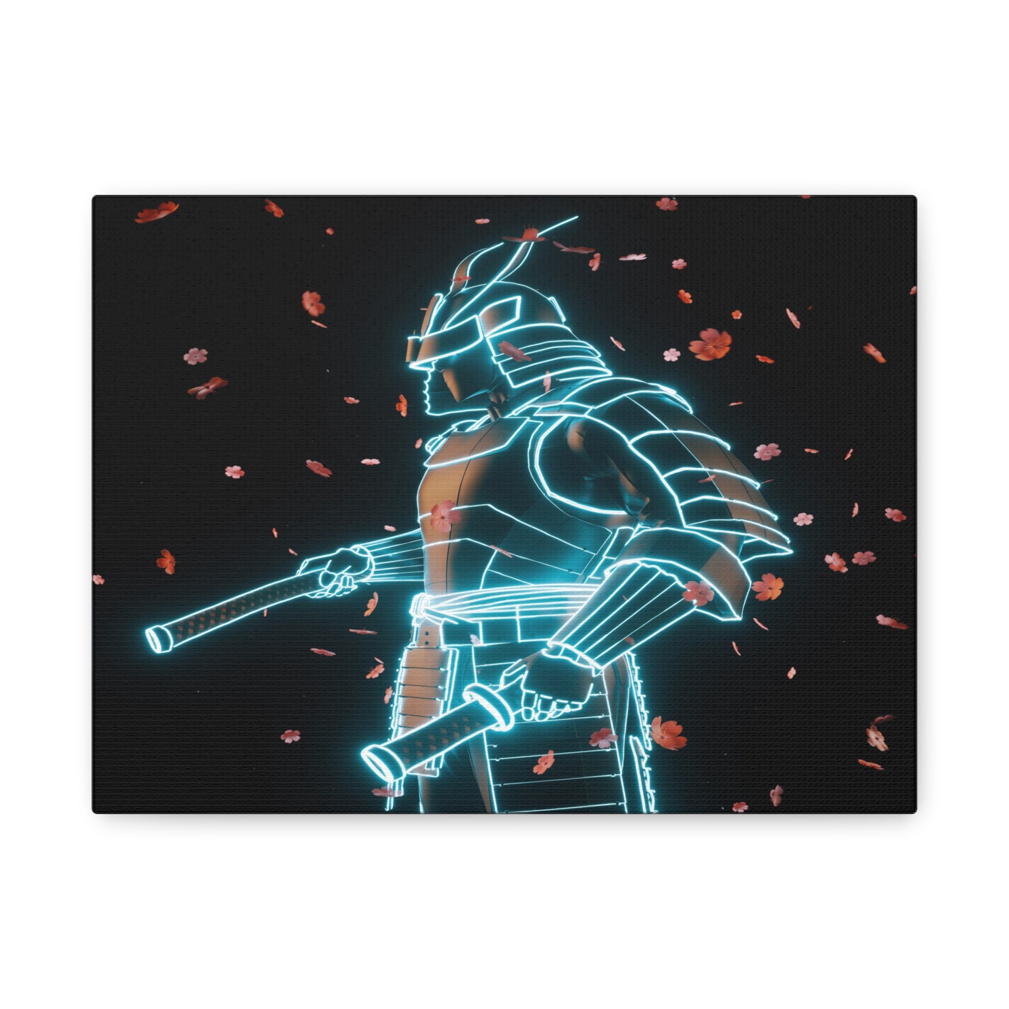 Neon Samurai: Digital Warrior, Cyberpunk Fusion, Glowing Wireframe Armor - L’Art Suprême Canvas