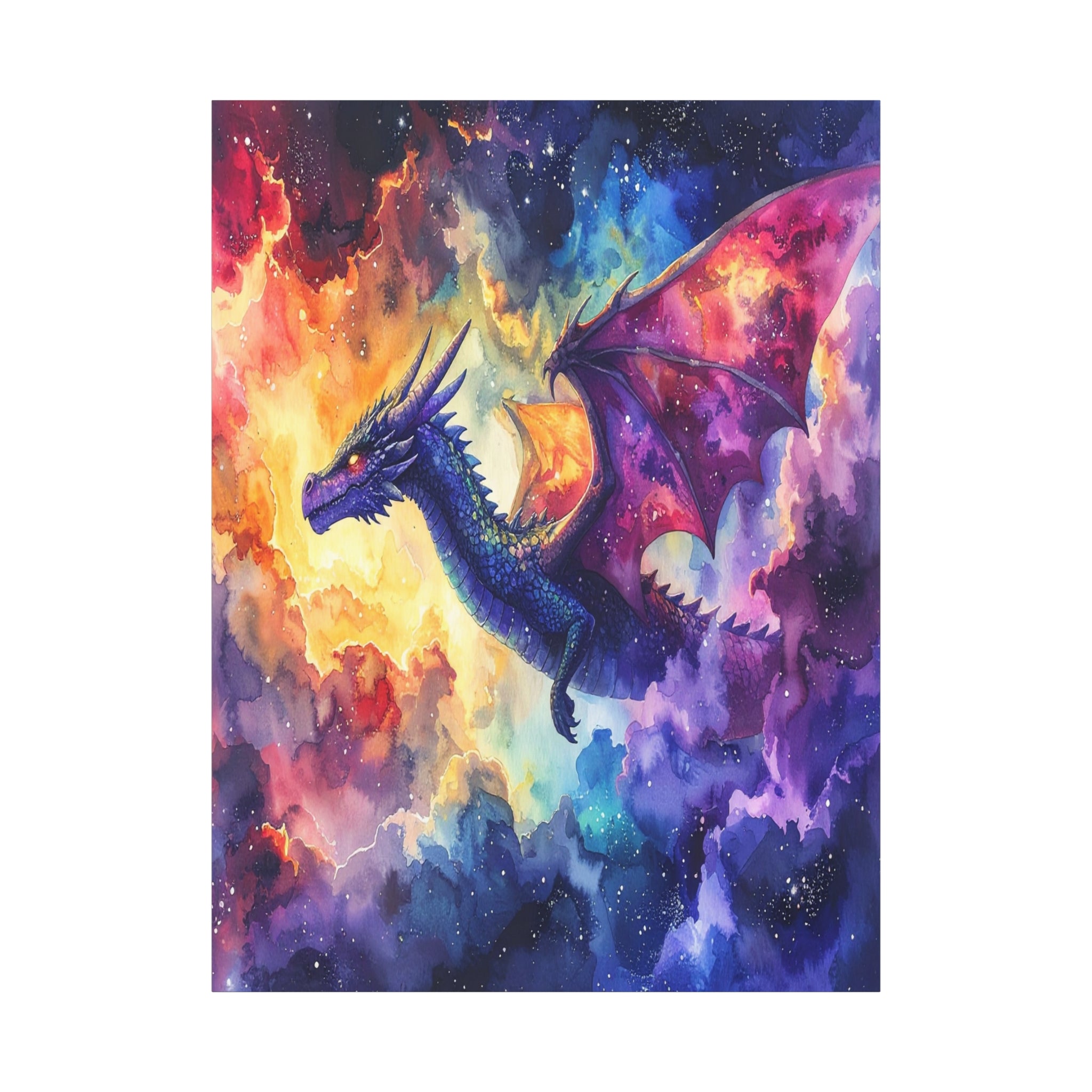 Cosmic Dragons' Ascent: Ethereal Watercolor Fantasy, Celestial Mythical Landscape - L’Art Suprême Canvas